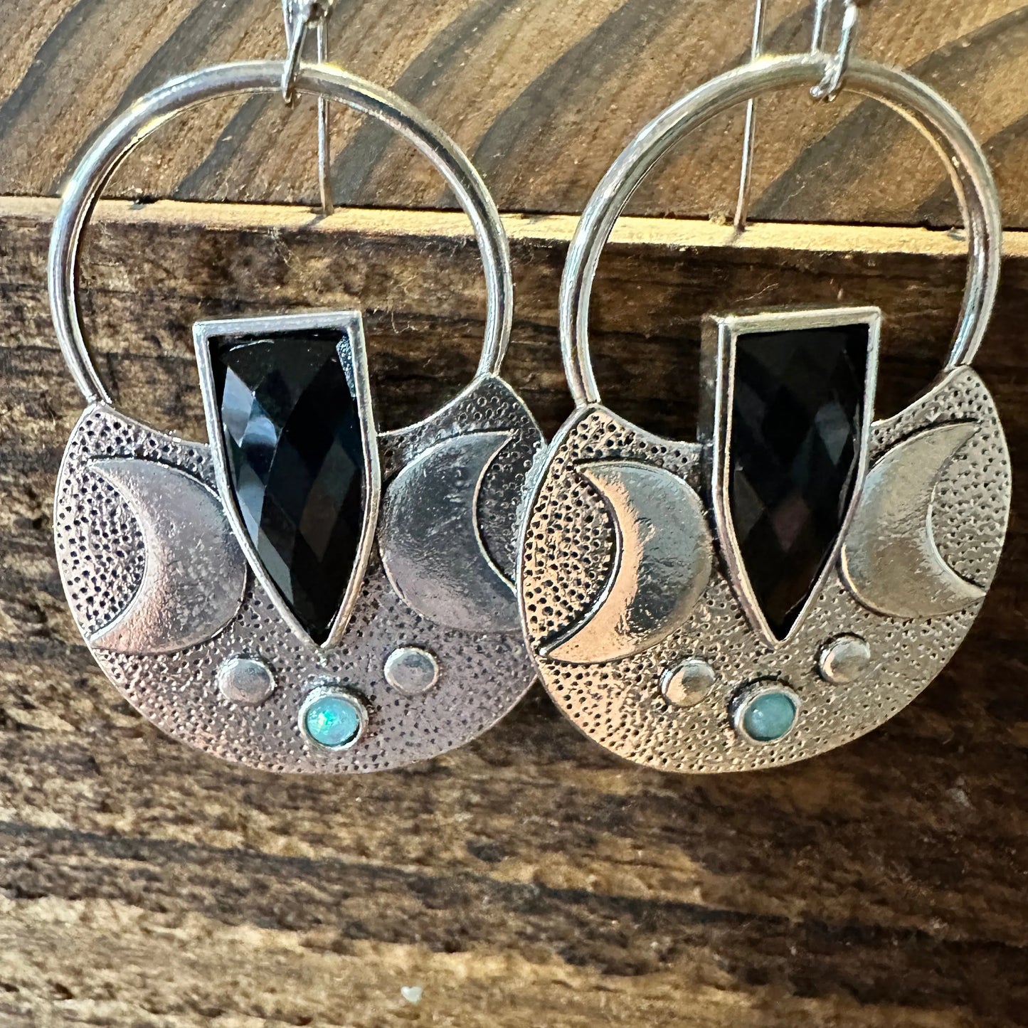 Boho Hippie Western Black Onyx Moon Silver Drop Wire Earrings, Gift Box - Silver Elegant