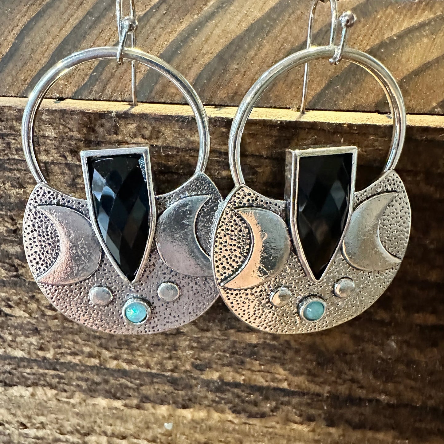 Boho Hippie Western Black Onyx Moon Silver Drop Wire Earrings, Gift Box - Silver Elegant