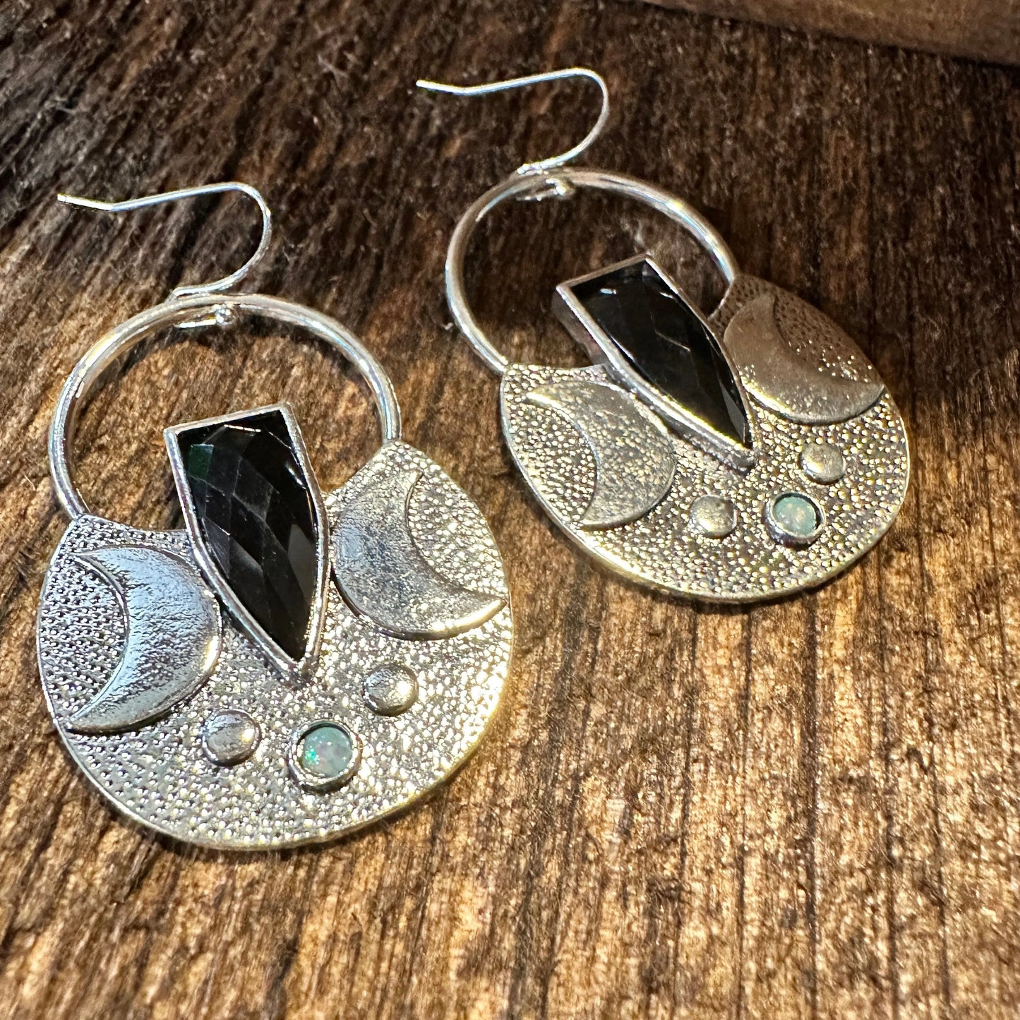 Boho Hippie Western Black Onyx Moon Silver Drop Wire Earrings, Gift Box - Silver Elegant