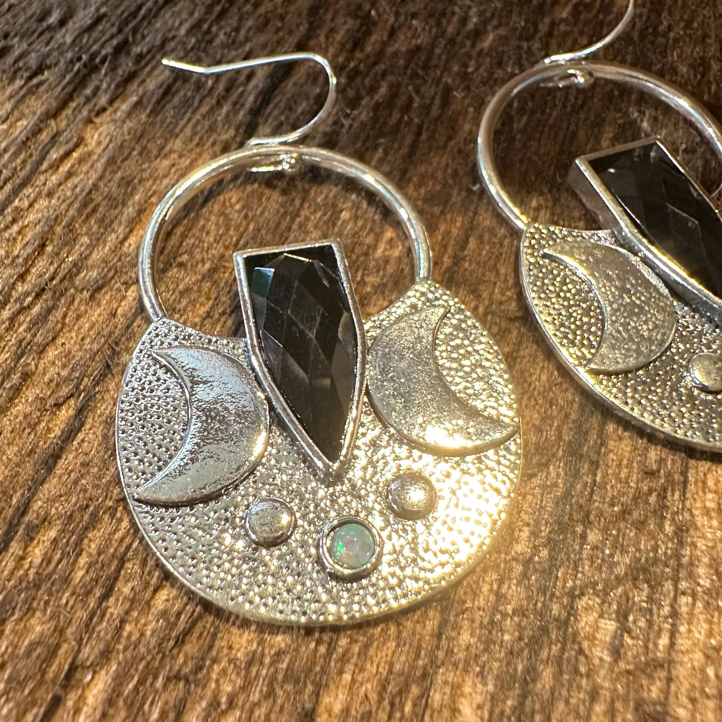 Boho Hippie Western Black Onyx Moon Silver Drop Wire Earrings, Gift Box - Silver Elegant