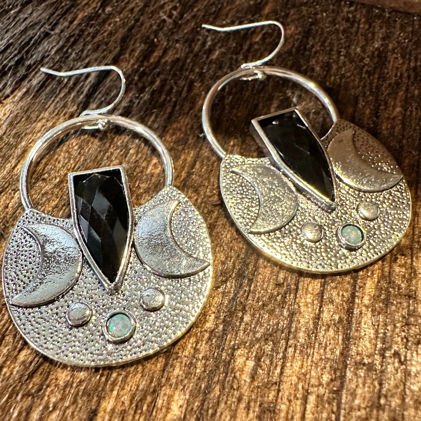 Boho Hippie Western Black Onyx Moon Silver Drop Wire Earrings, Gift Box - Silver Elegant