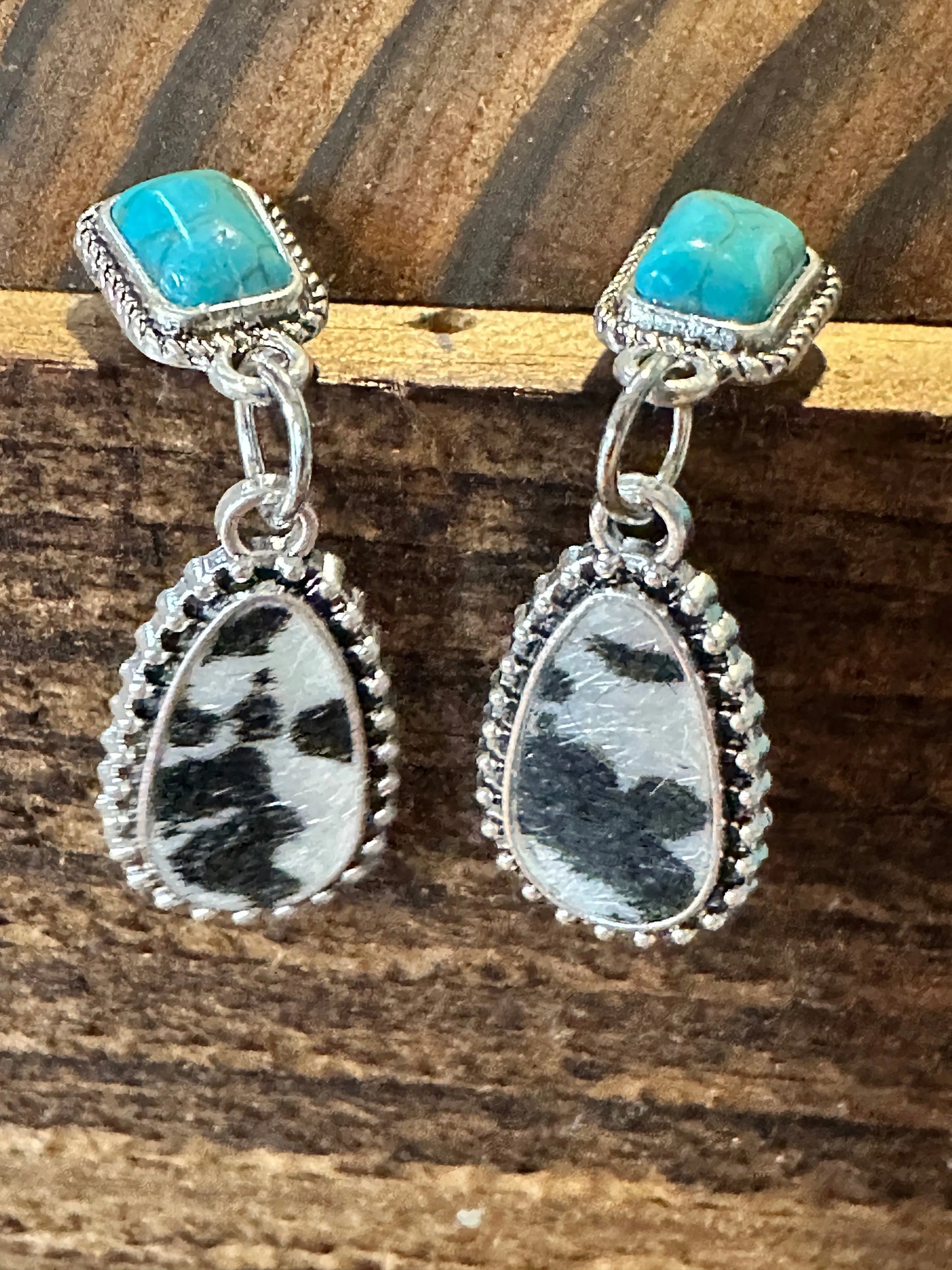 Boho Hippie Western Cowgirl Turquoise Stone Silver Drop Stud Earrings, Gift Box - Silver Elegant