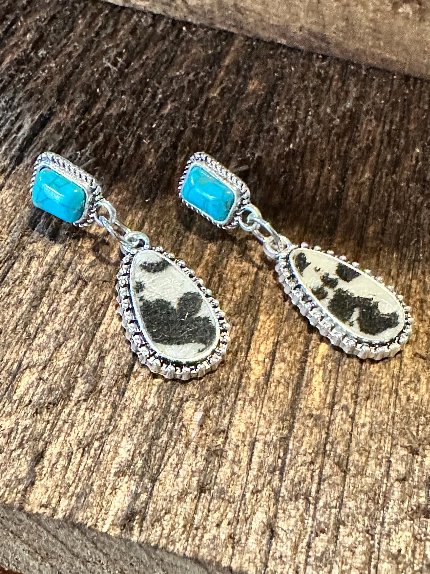 Boho Hippie Western Cowgirl Turquoise Stone Silver Drop Stud Earrings, Gift Box - Silver Elegant