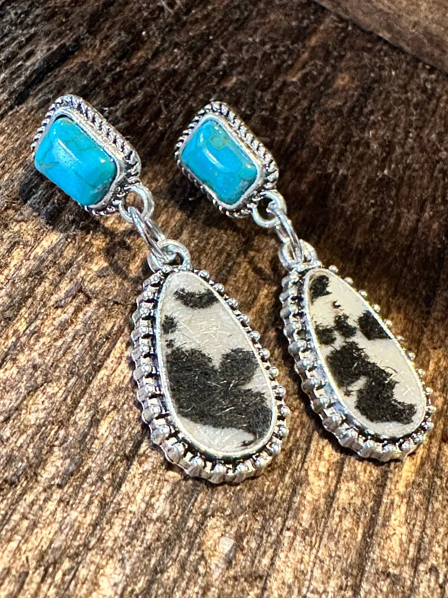 Boho Hippie Western Cowgirl Turquoise Stone Silver Drop Stud Earrings, Gift Box - Silver Elegant