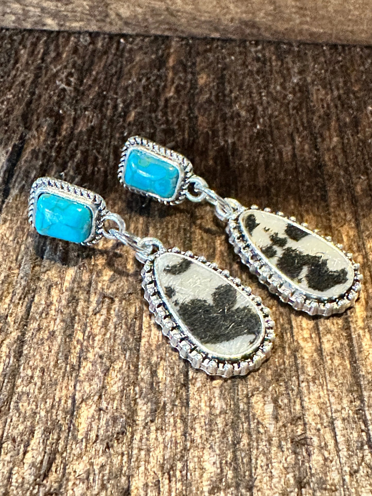 Boho Hippie Western Cowgirl Turquoise Stone Silver Drop Stud Earrings, Gift Box - Silver Elegant