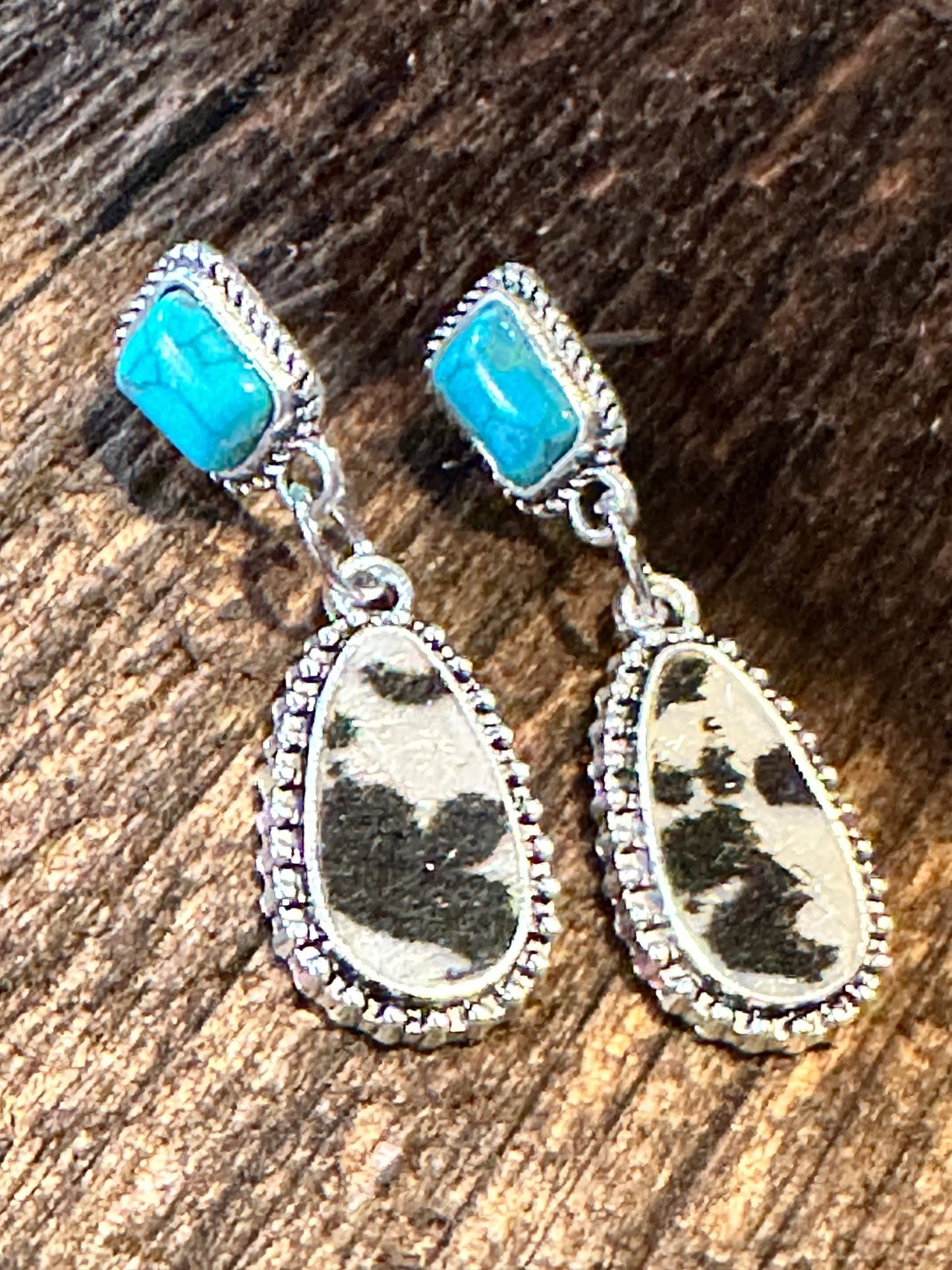 Boho Hippie Western Cowgirl Turquoise Stone Silver Drop Stud Earrings, Gift Box - Silver Elegant