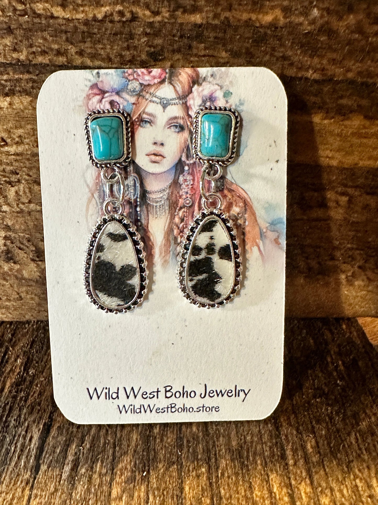 Boho Hippie Western Cowgirl Turquoise Stone Silver Drop Stud Earrings, Gift Box - Silver Elegant