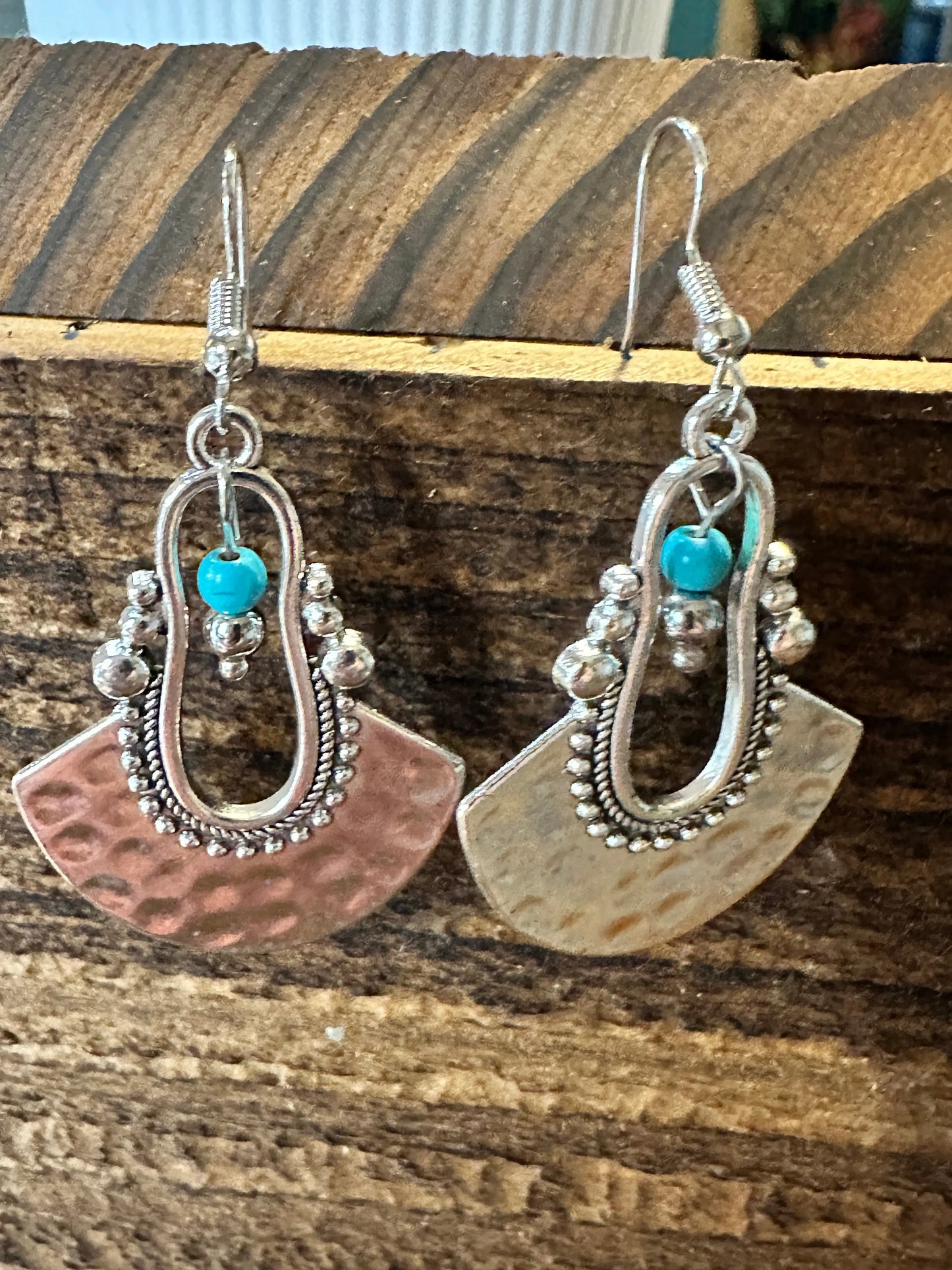 Boho Hippie Western Cowgirl Turquoise Stone Fan Silver Drop Wire Earrings, Gift Box - Silver Elegant
