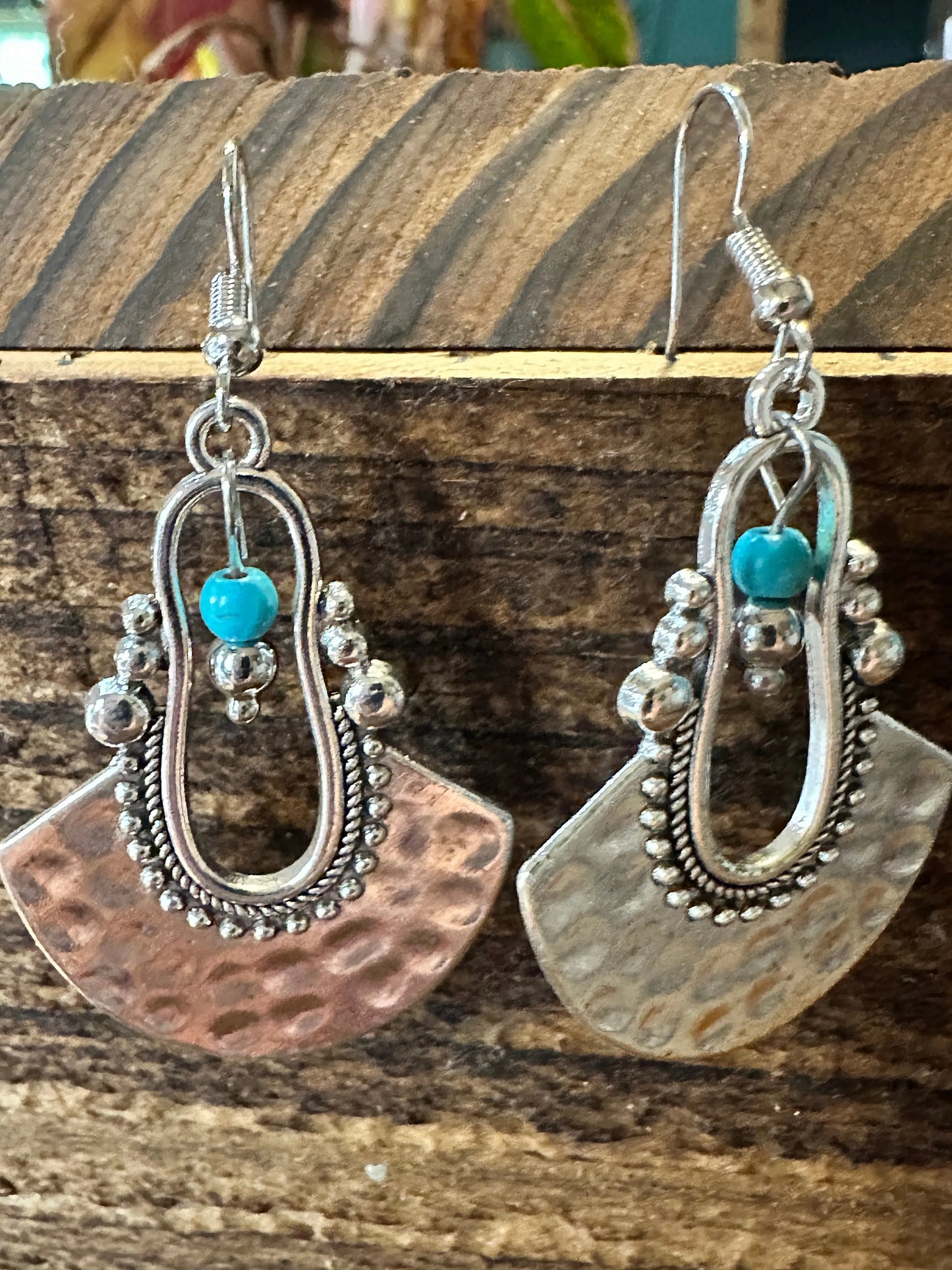 Boho Hippie Western Cowgirl Turquoise Stone Fan Silver Drop Wire Earrings, Gift Box - Silver Elegant