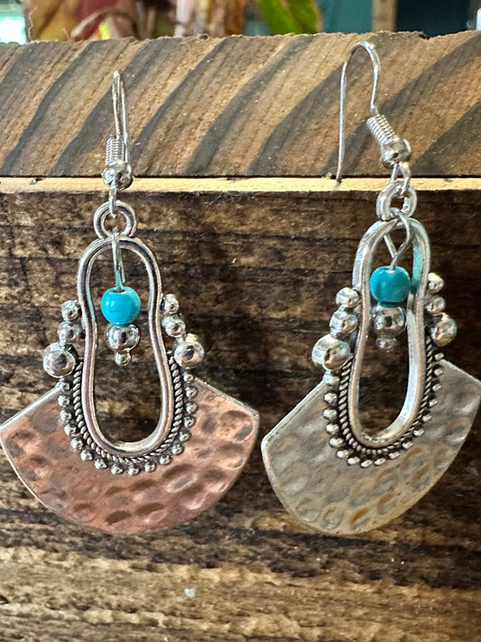 Boho Hippie Western Cowgirl Turquoise Stone Fan Silver Drop Wire Earrings, Gift Box - Silver Elegant