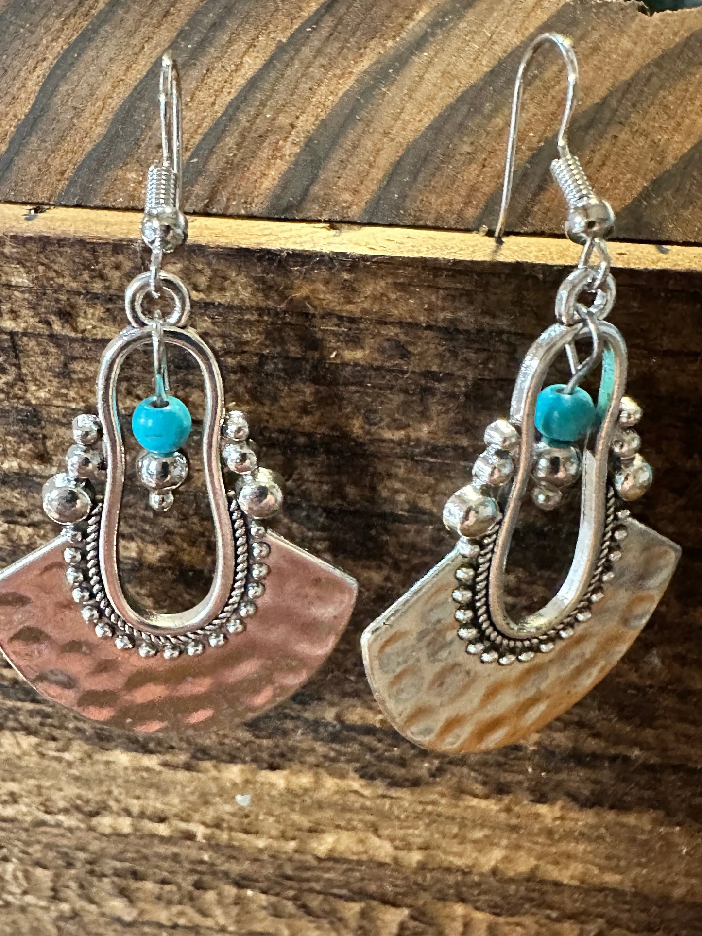 Boho Hippie Western Cowgirl Turquoise Stone Fan Silver Drop Wire Earrings, Gift Box - Silver Elegant