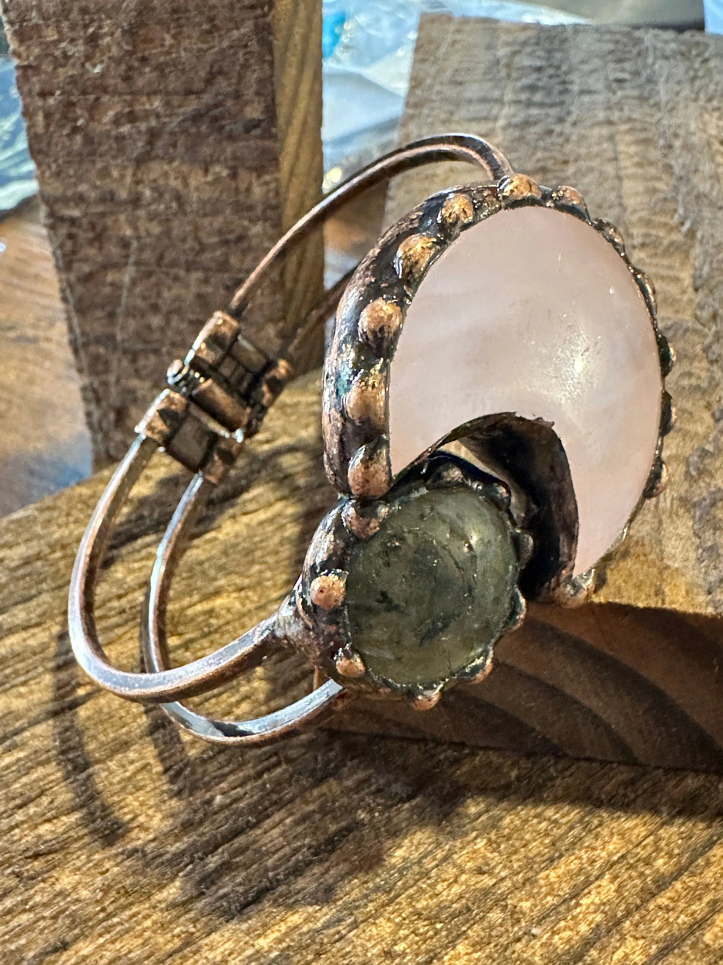 Handcrafted Boho Western Chic Copper Natural Stone Open Link Bracelet, Pink Opal, Green Agate Stone, Gift Box - Silver Elegant