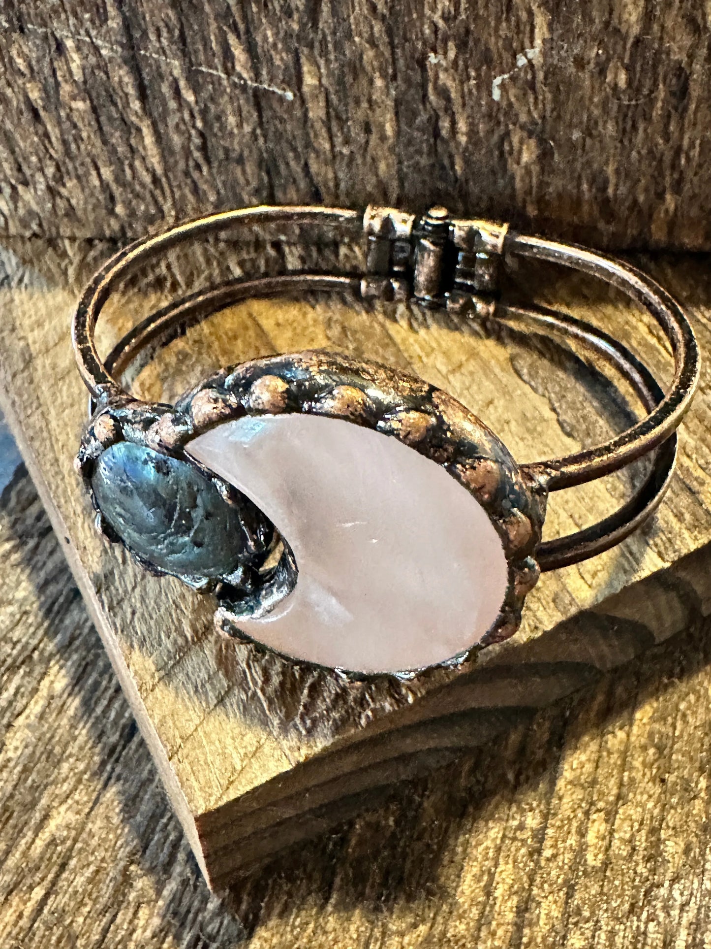 Handcrafted Boho Western Chic Copper Natural Stone Open Link Bracelet, Pink Opal, Green Agate Stone, Gift Box - Silver Elegant