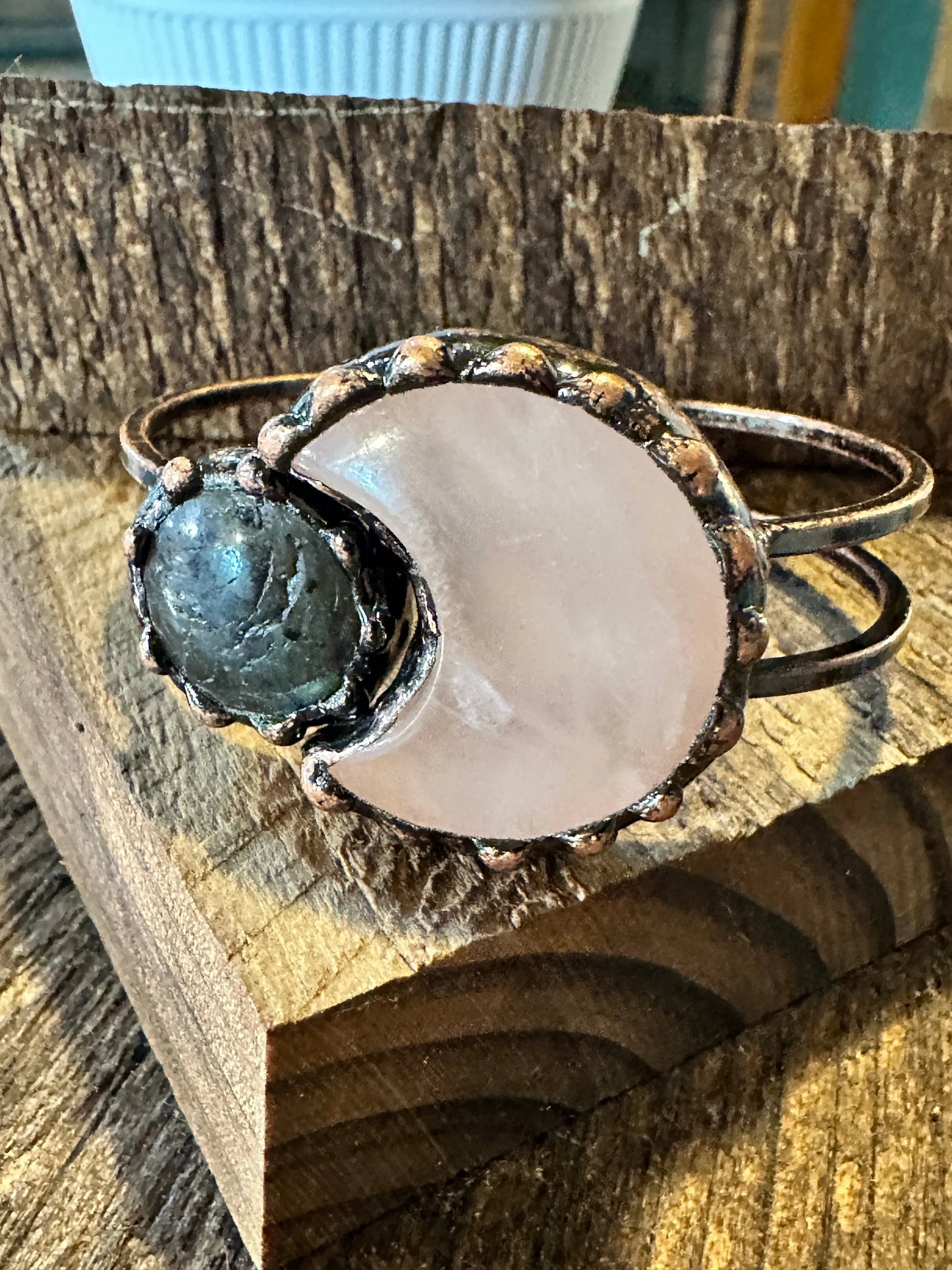 Handcrafted Boho Western Chic Copper Natural Stone Open Link Bracelet, Pink Opal, Green Agate Stone, Gift Box - Silver Elegant