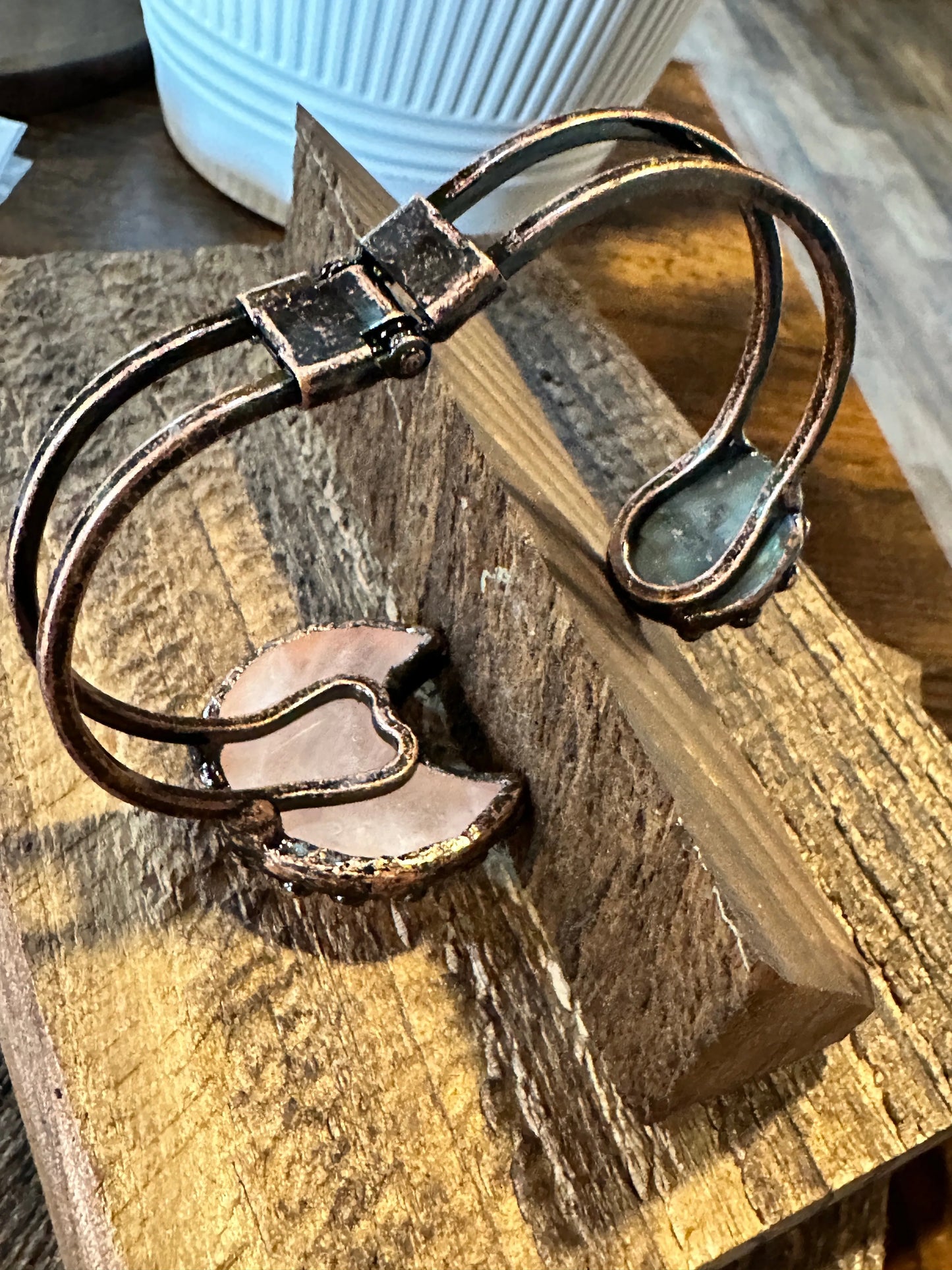 Handcrafted Boho Western Chic Copper Natural Stone Open Link Bracelet, Pink Opal, Green Agate Stone, Gift Box - Silver Elegant