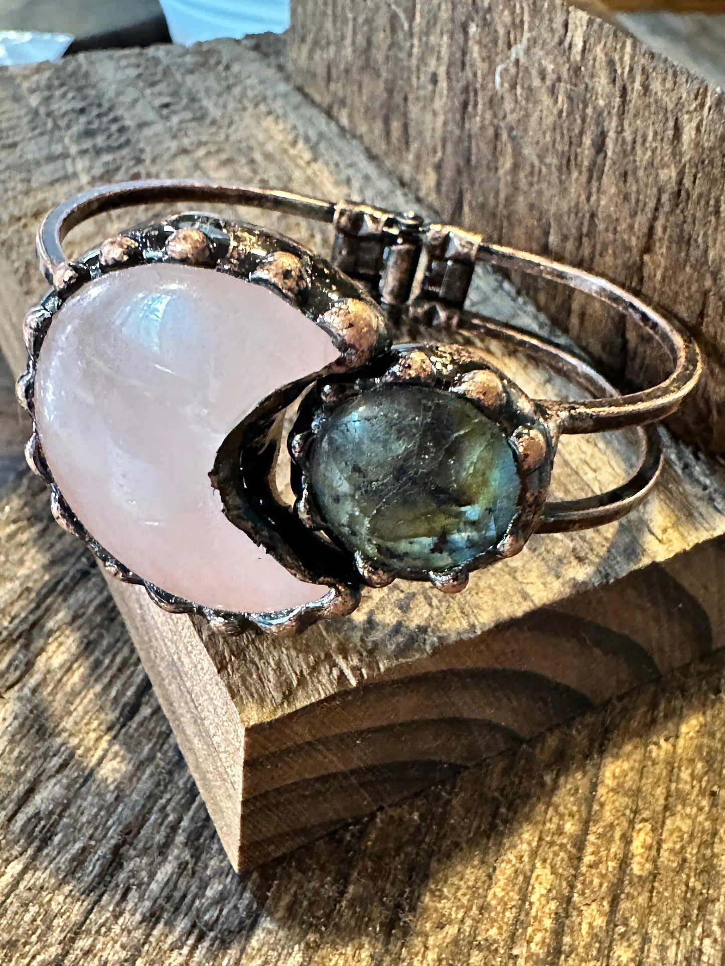 Handcrafted Boho Western Chic Copper Natural Stone Open Link Bracelet, Pink Opal, Green Agate Stone, Gift Box - Silver Elegant