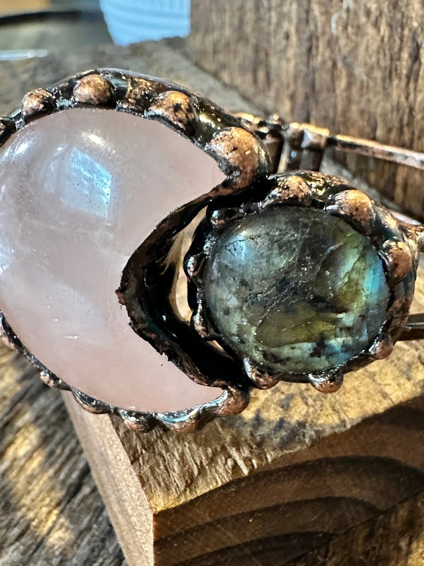 Handcrafted Boho Western Chic Copper Natural Stone Open Link Bracelet, Pink Opal, Green Agate Stone, Gift Box - Silver Elegant