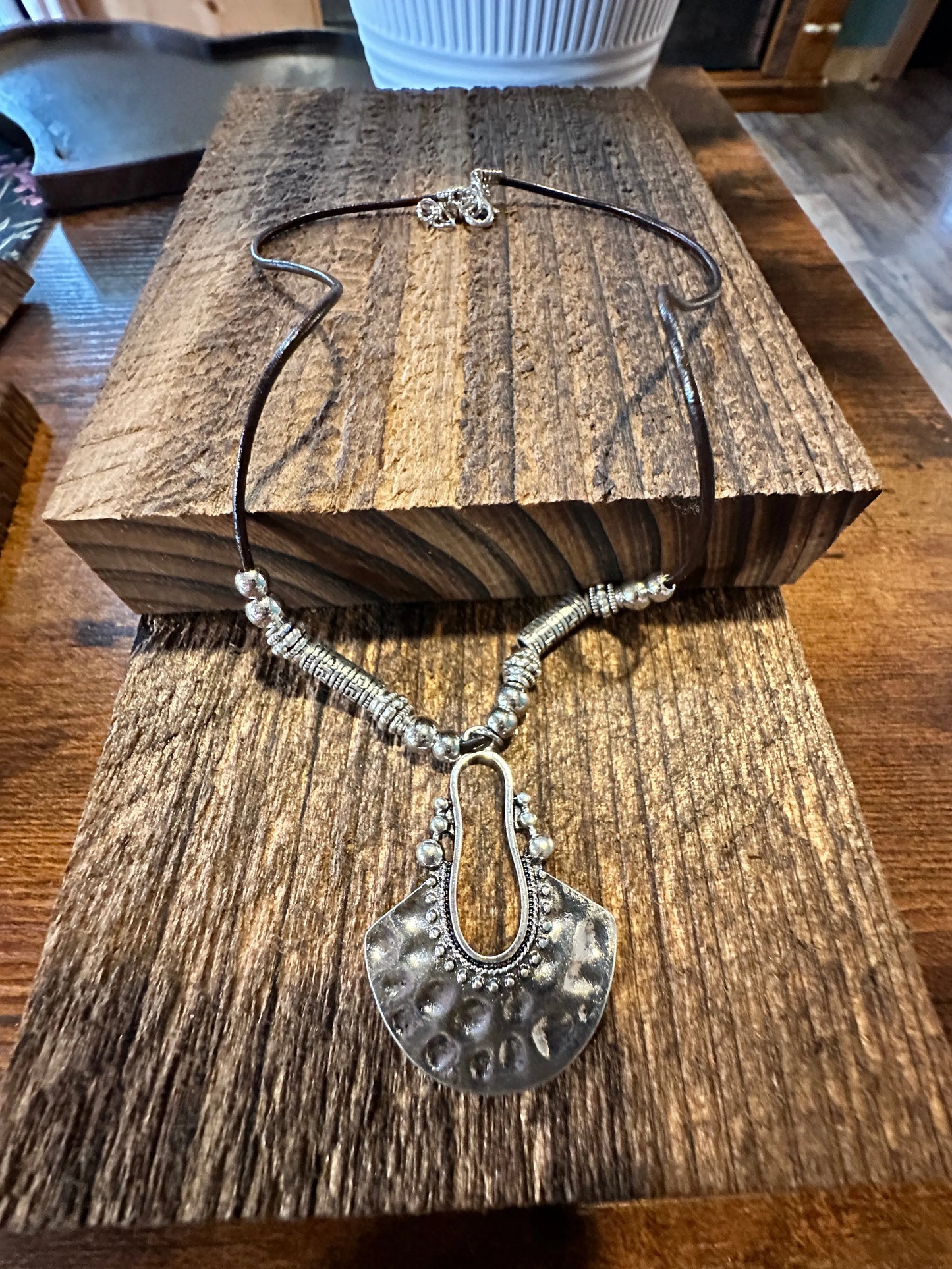 Boho Western Western Cowgirl Leather Cord Silver Pendant, Black Leather Cord, Gift Box - Silver Elegant