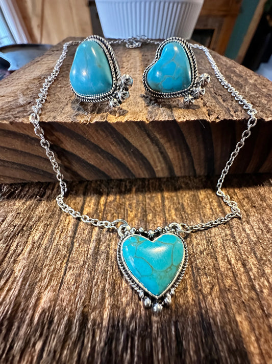 Boho Western Turquoise Bull Head Necklace Earrings Set, Vintage Bohemian Jewelry Set, Gift Box - Silver Elegant