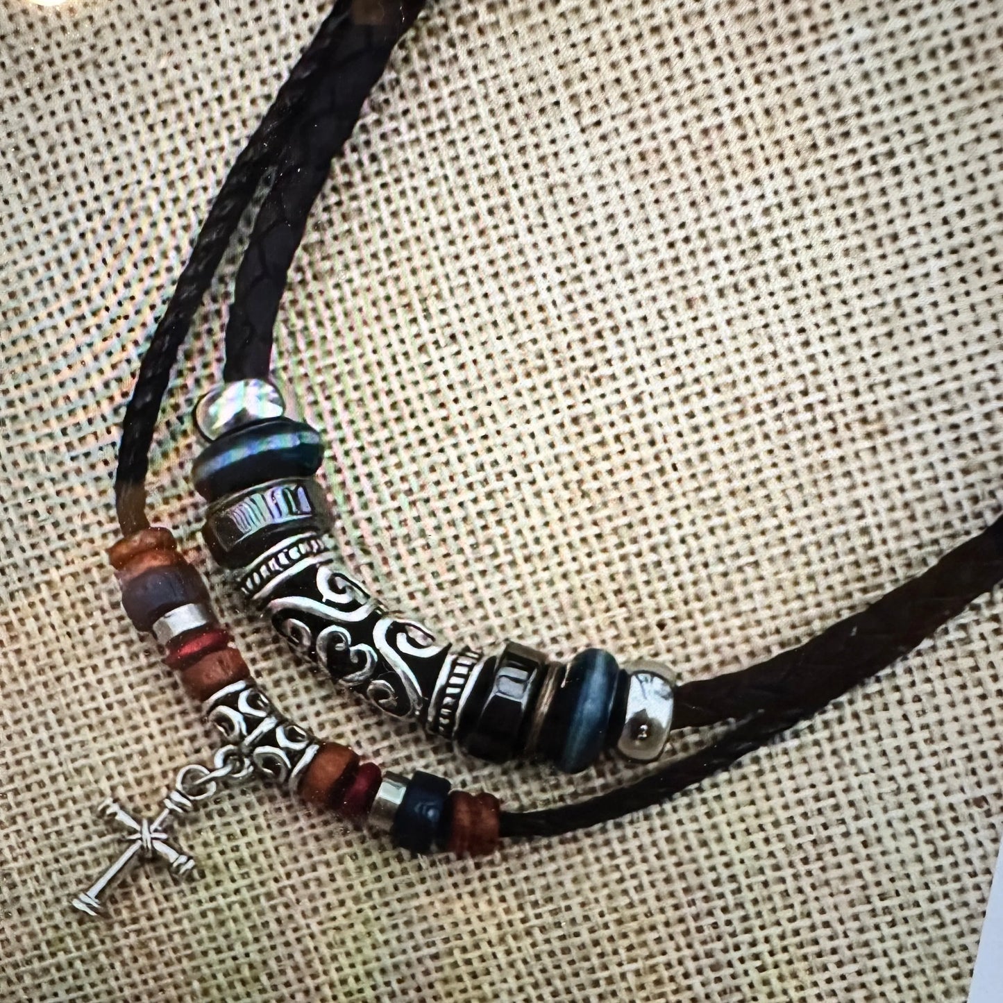 Handcrafted Boho Ethnic Turquoise Necklace Cross Hand-Woven Black Rope Pendant , Gift Box - Silver Elegant
