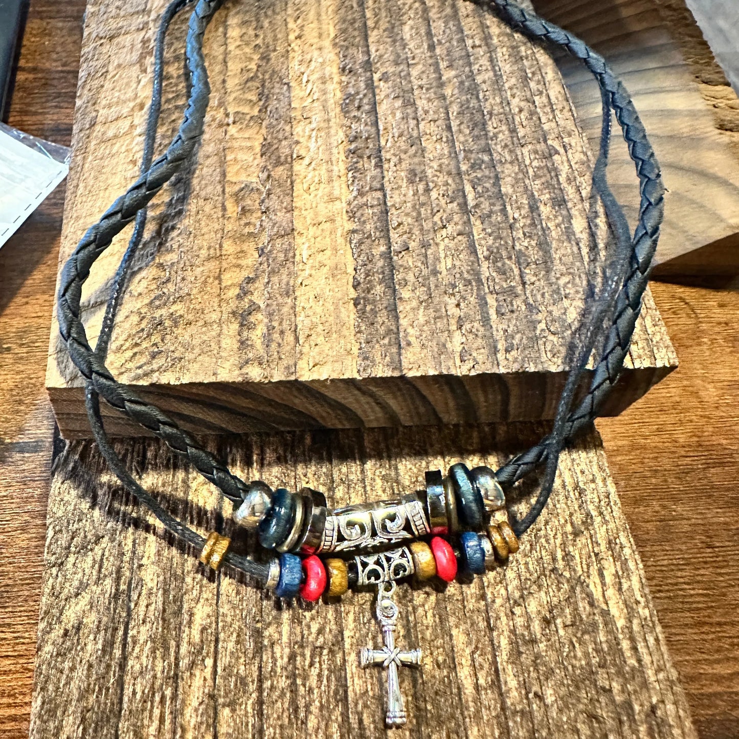 Handcrafted Boho Ethnic Turquoise Necklace Cross Hand-Woven Black Rope Pendant , Gift Box - Silver Elegant
