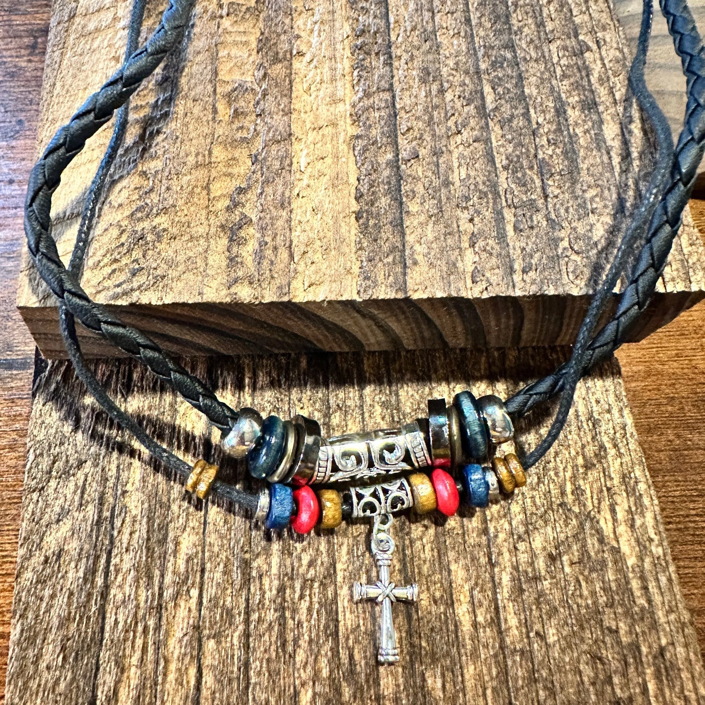 Handcrafted Boho Ethnic Turquoise Necklace Cross Hand-Woven Black Rope Pendant , Gift Box - Silver Elegant