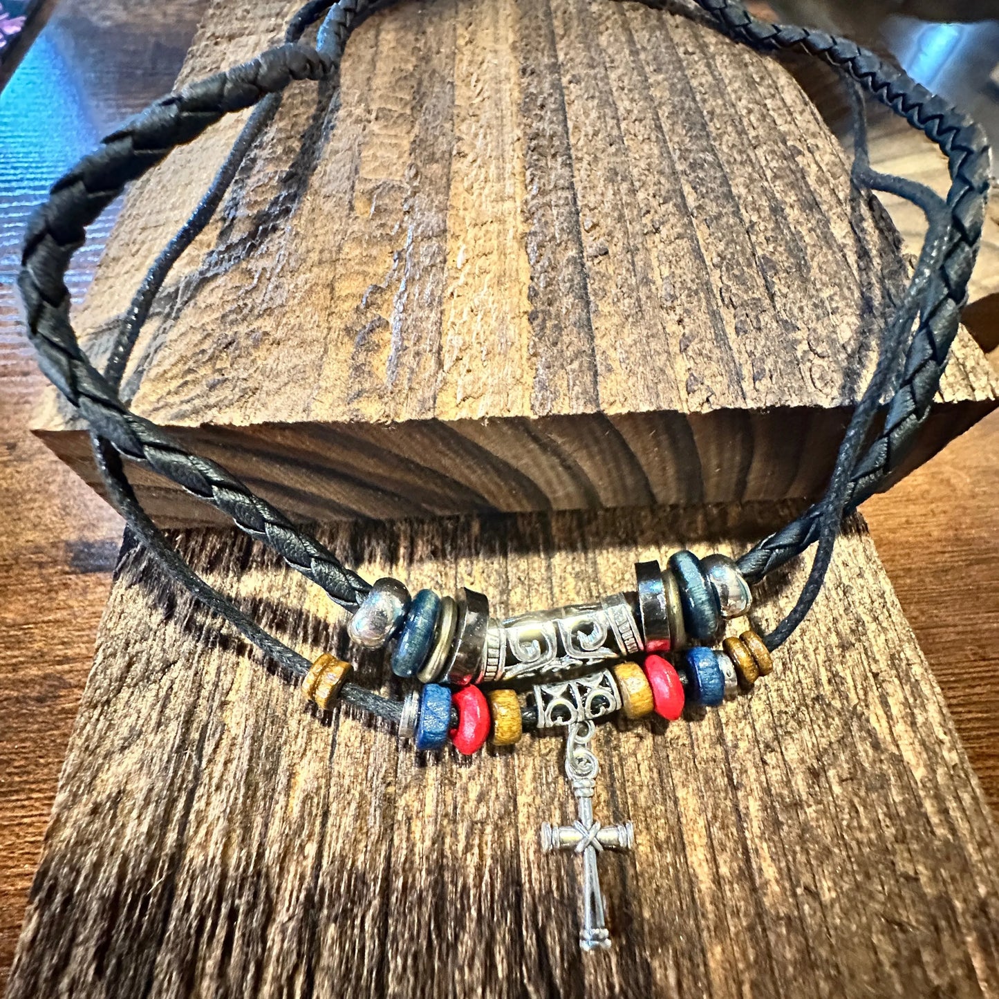 Handcrafted Boho Ethnic Turquoise Necklace Cross Hand-Woven Black Rope Pendant , Gift Box - Silver Elegant