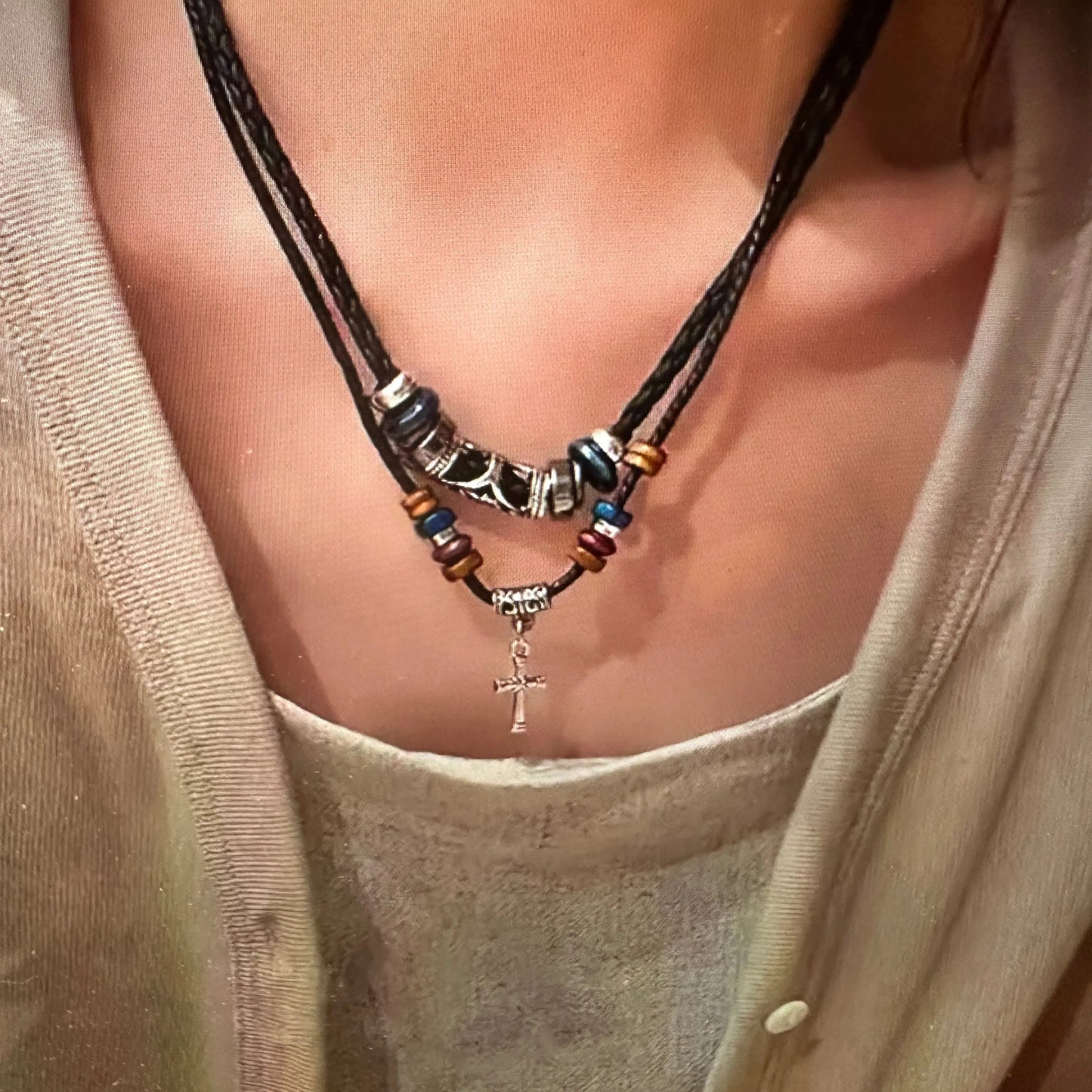 Handcrafted Boho Ethnic Turquoise Necklace Cross Hand-Woven Black Rope Pendant , Gift Box - Silver Elegant