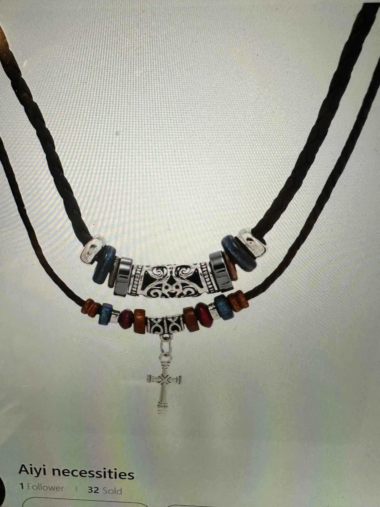 Handcrafted Boho Ethnic Turquoise Necklace Cross Hand-Woven Black Rope Pendant , Gift Box - Silver Elegant
