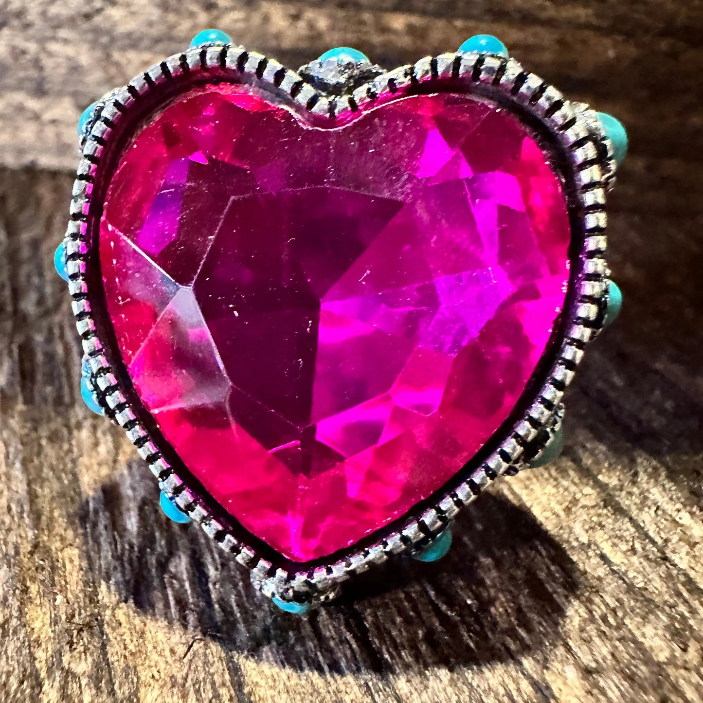 Western Boho Hippie Heart Shaped Crystal Stretch Fuchsia Adjustable Cuff Ring, Gift Box - Silver Elegant