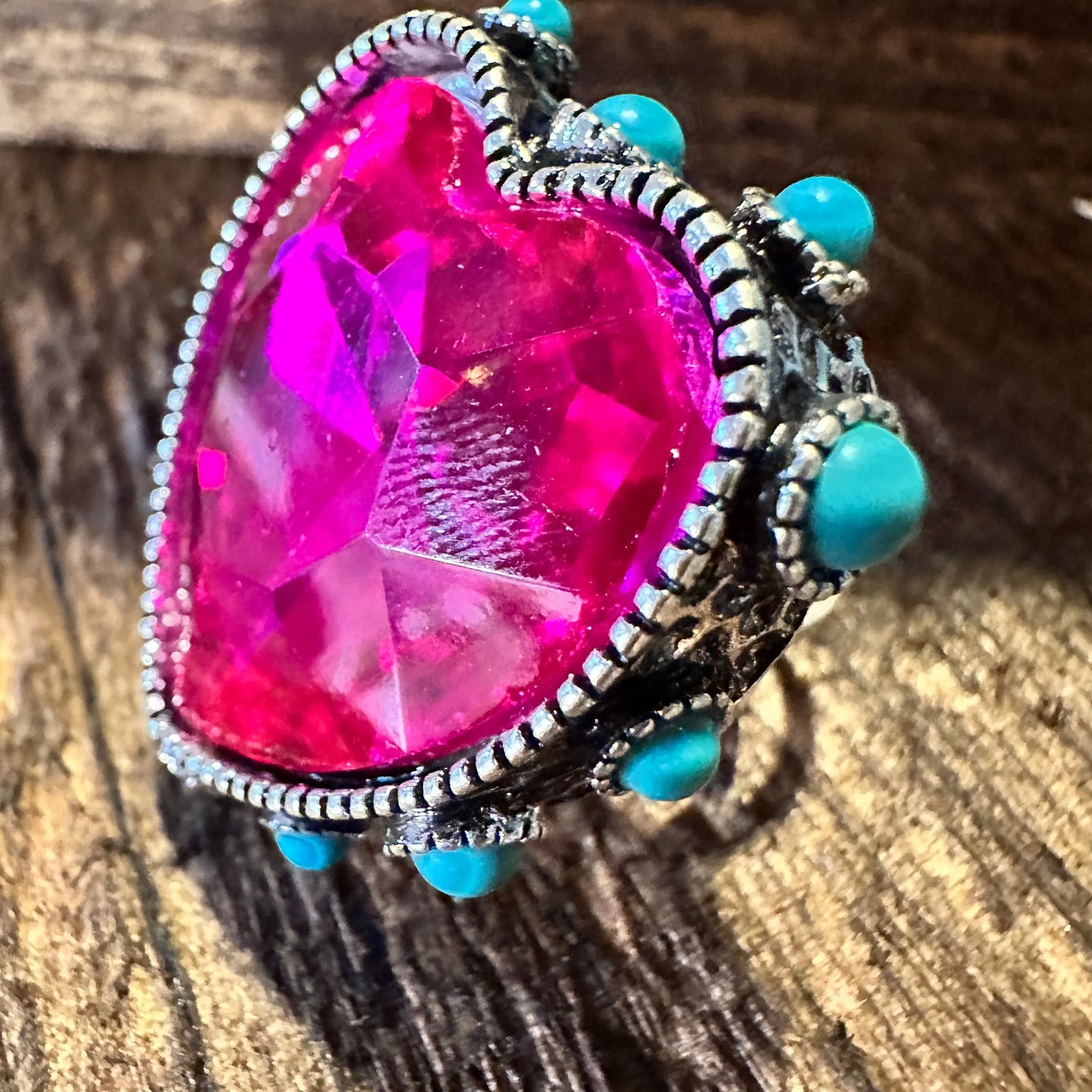 Western Boho Hippie Heart Shaped Crystal Stretch Fuchsia Adjustable Cuff Ring, Gift Box - Silver Elegant