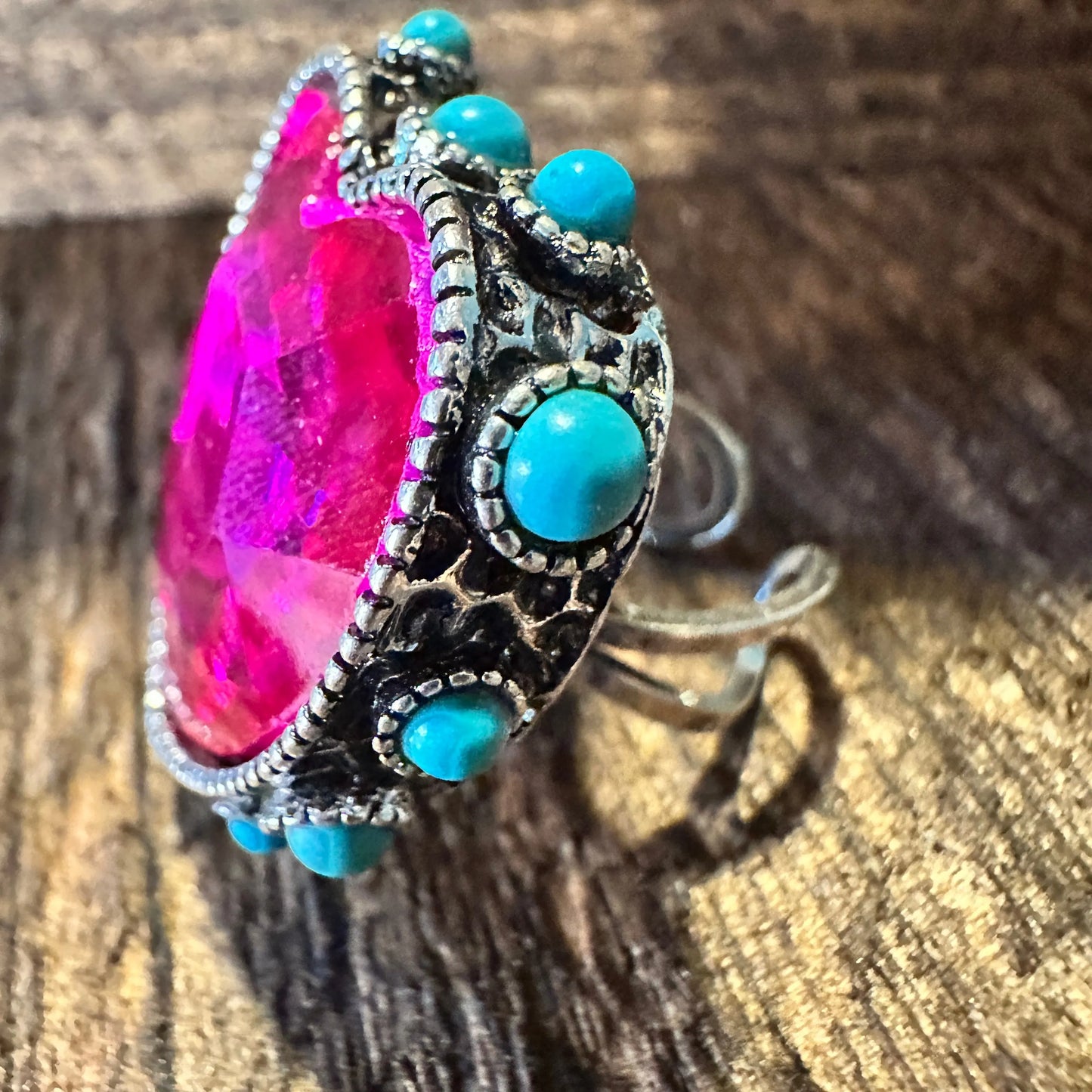 Western Boho Hippie Heart Shaped Crystal Stretch Fuchsia Adjustable Cuff Ring, Gift Box - Silver Elegant