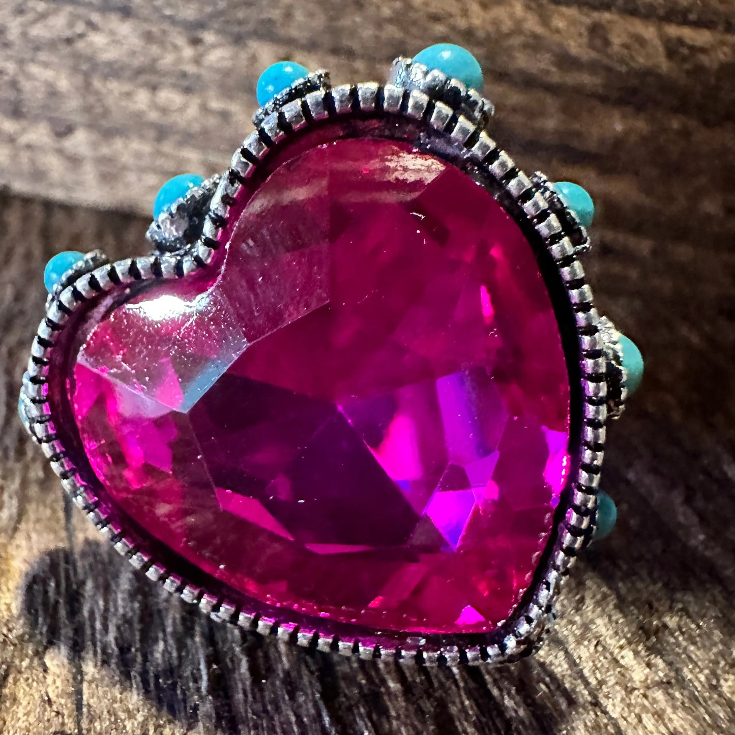 Western Boho Hippie Heart Shaped Crystal Stretch Fuchsia Adjustable Cuff Ring, Gift Box - Silver Elegant