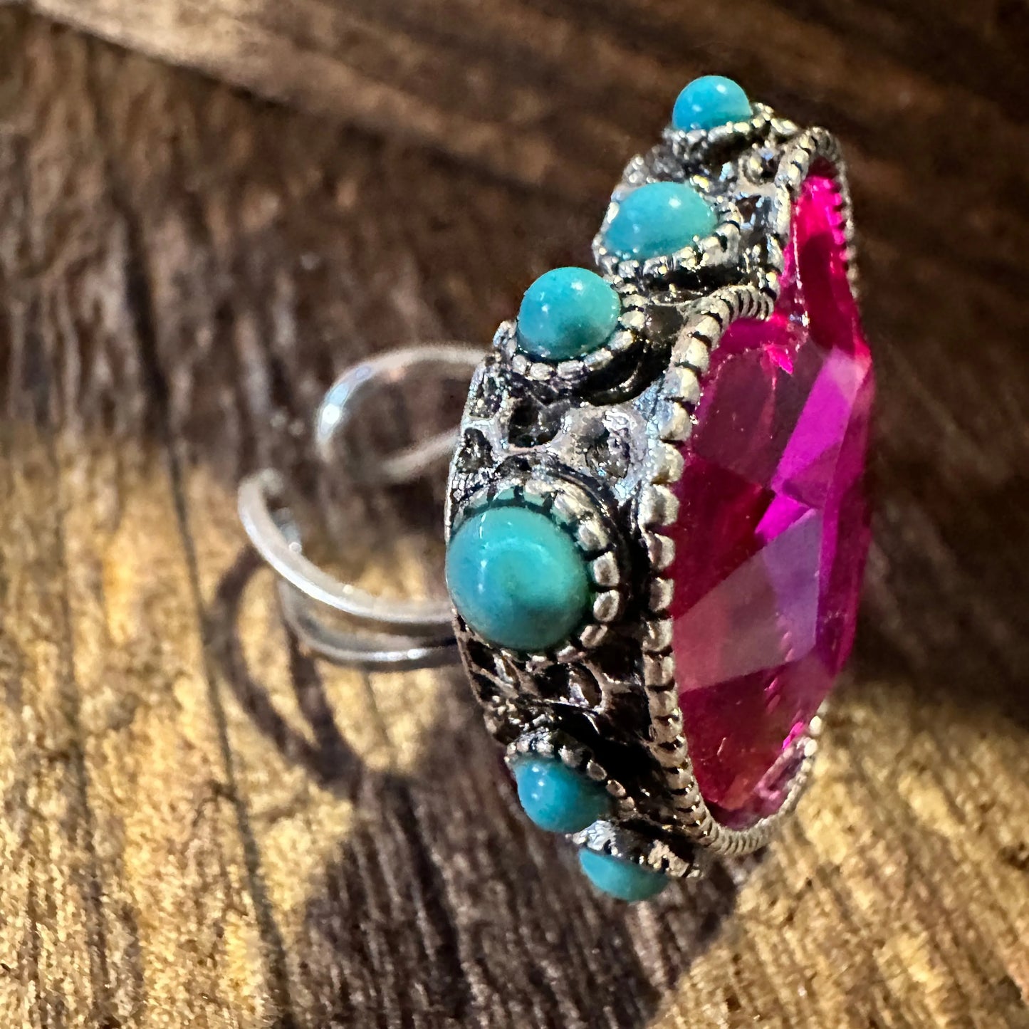 Western Boho Hippie Heart Shaped Crystal Stretch Fuchsia Adjustable Cuff Ring, Gift Box - Silver Elegant