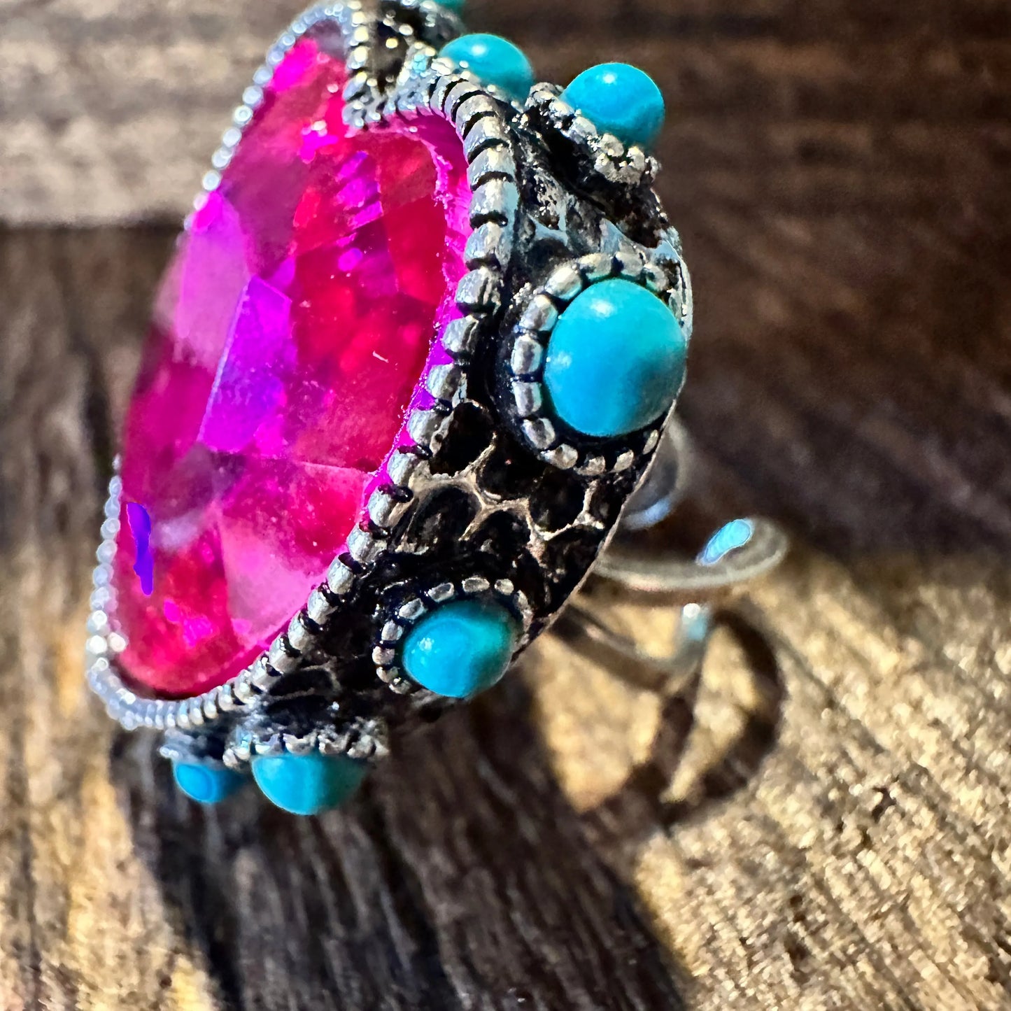 Western Boho Hippie Heart Shaped Crystal Stretch Fuchsia Adjustable Cuff Ring, Gift Box - Silver Elegant