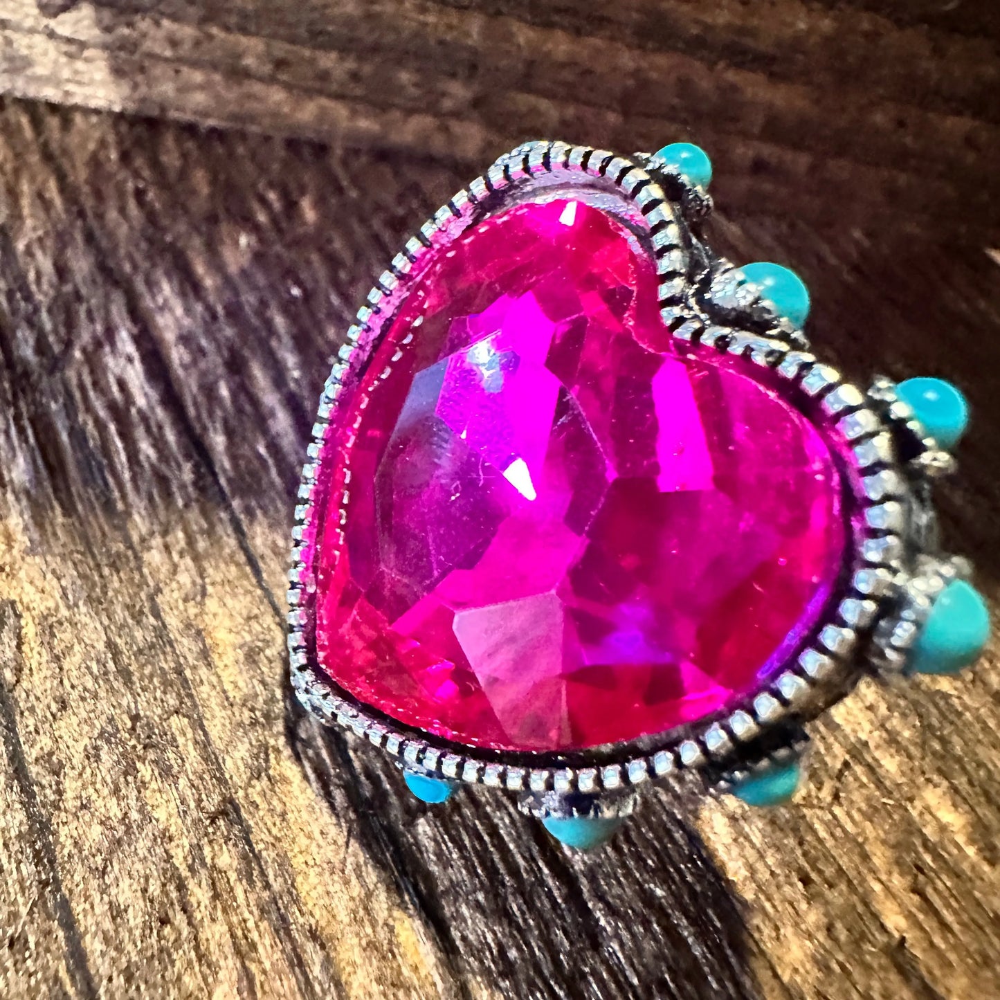 Western Boho Hippie Heart Shaped Crystal Stretch Fuchsia Adjustable Cuff Ring, Gift Box - Silver Elegant