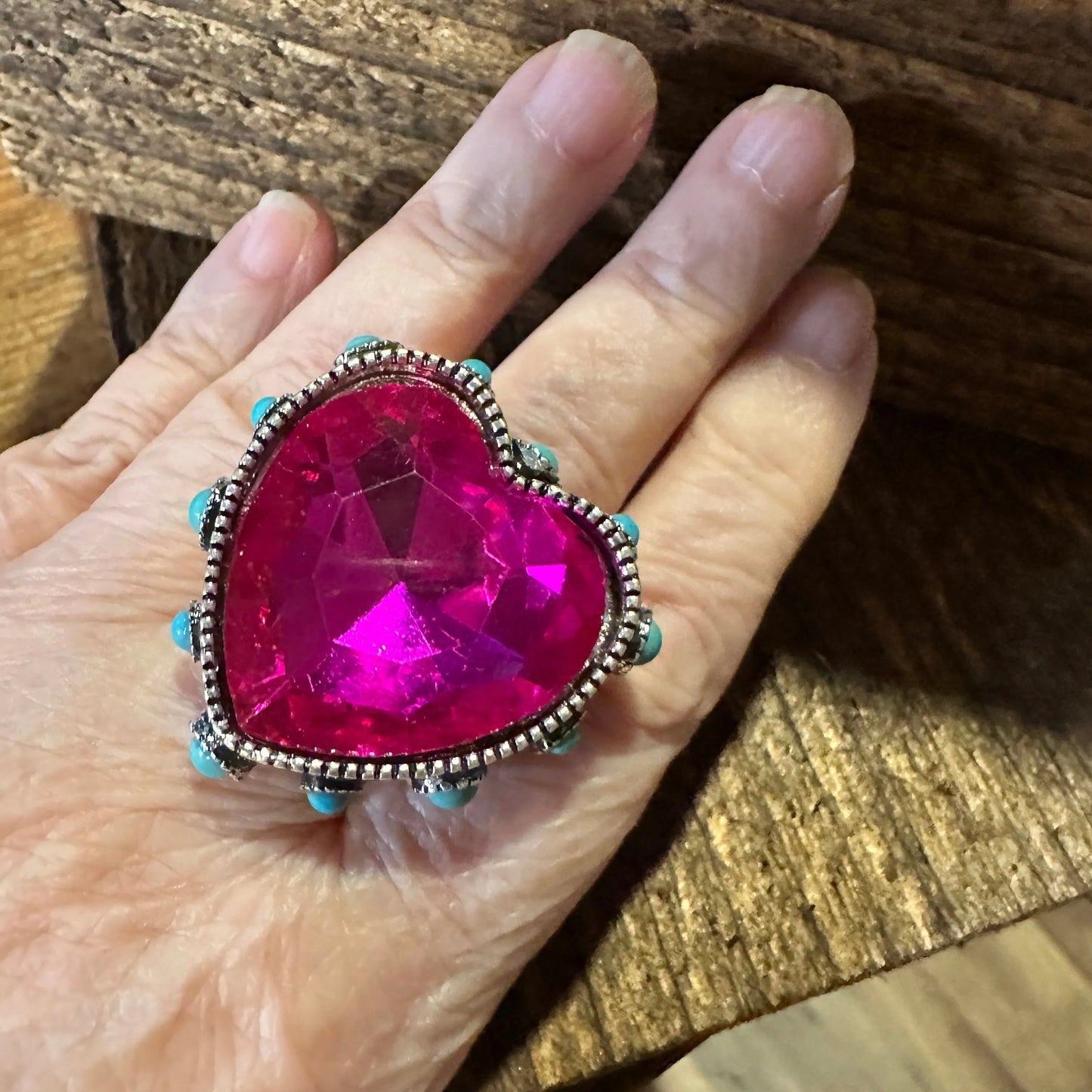 Western Boho Hippie Heart Shaped Crystal Stretch Fuchsia Adjustable Cuff Ring, Gift Box - Silver Elegant