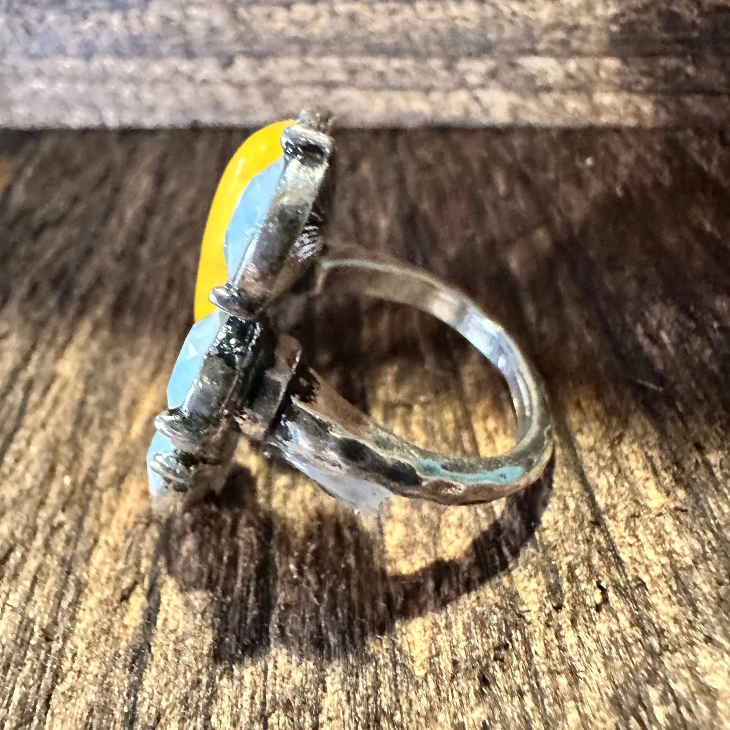 Western Boho Hippie Jeweled 4-Stone Yellow Cuff Statement Ring: Off-White Ring, Gift Box - Silver Elegant