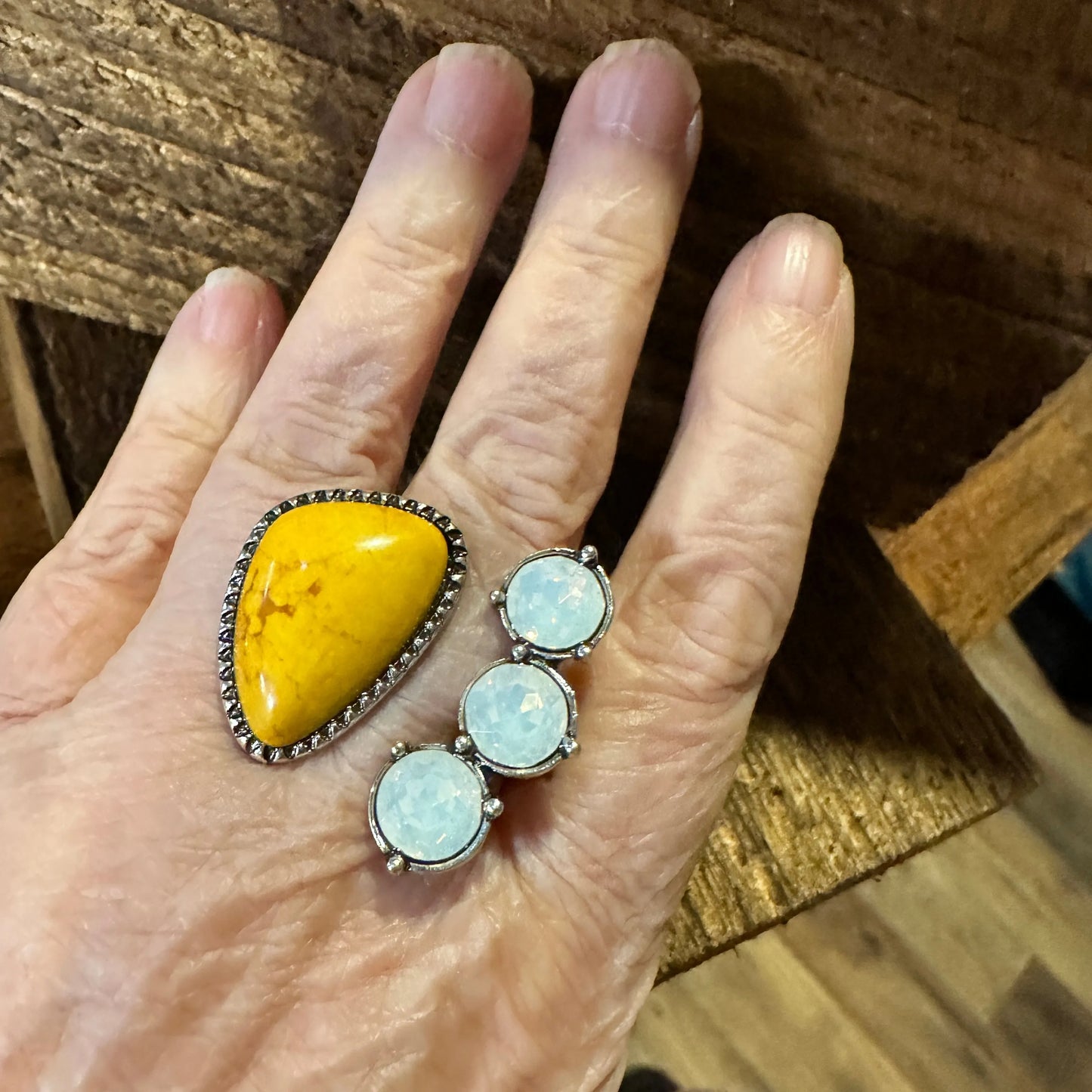 Western Boho Hippie Jeweled 4-Stone Yellow Cuff Statement Ring: Off-White Ring, Gift Box - Silver Elegant