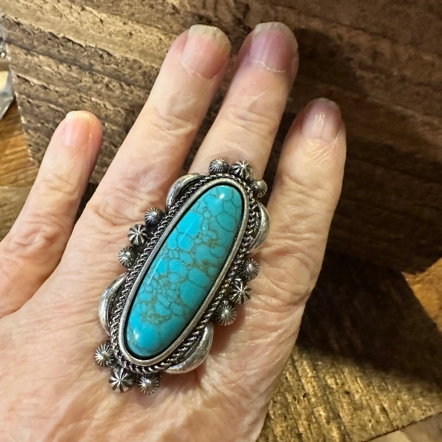 Western Boho Hippie Turquoise Silver Slim Oval Cuff Statement Ring, Gift Box - Silver Elegant