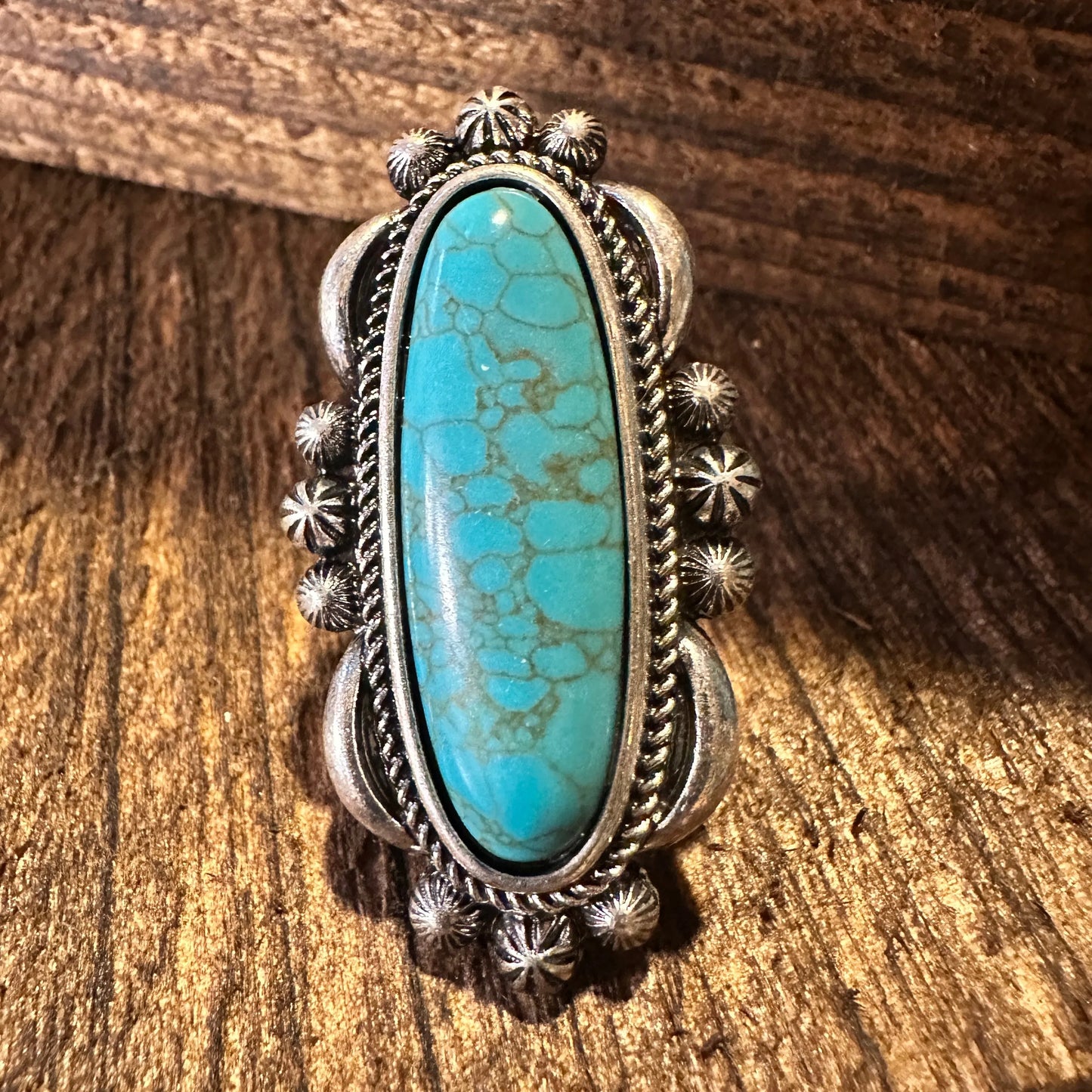 Western Boho Hippie Turquoise Silver Slim Oval Cuff Statement Ring, Gift Box - Silver Elegant
