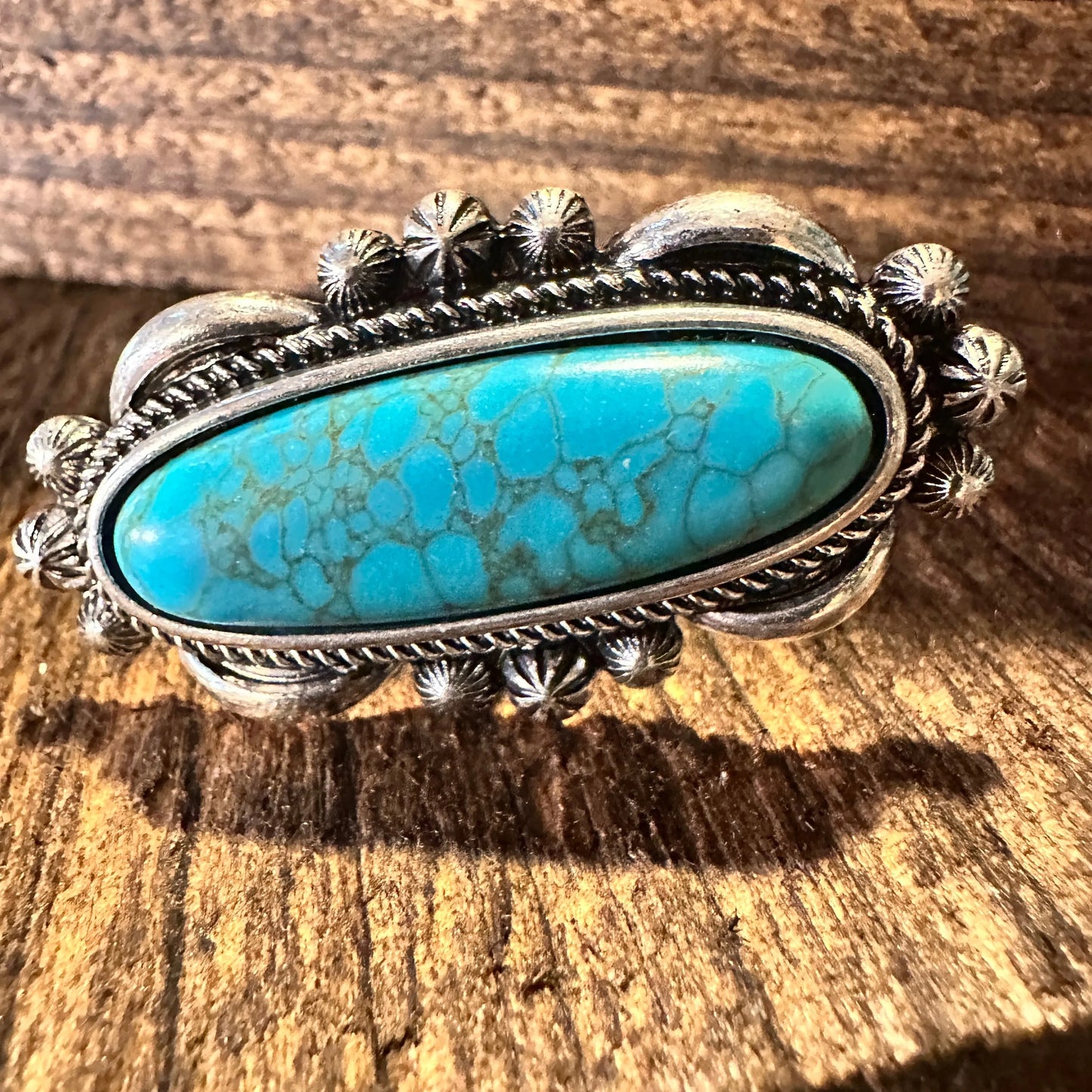 Western Boho Hippie Turquoise Silver Slim Oval Cuff Statement Ring, Gift Box - Silver Elegant