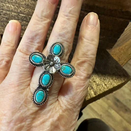 Western Boho Hippie Ring, Floral Cross Turquoise Gemstone Cuff Ring, Gift Box - Silver Elegant