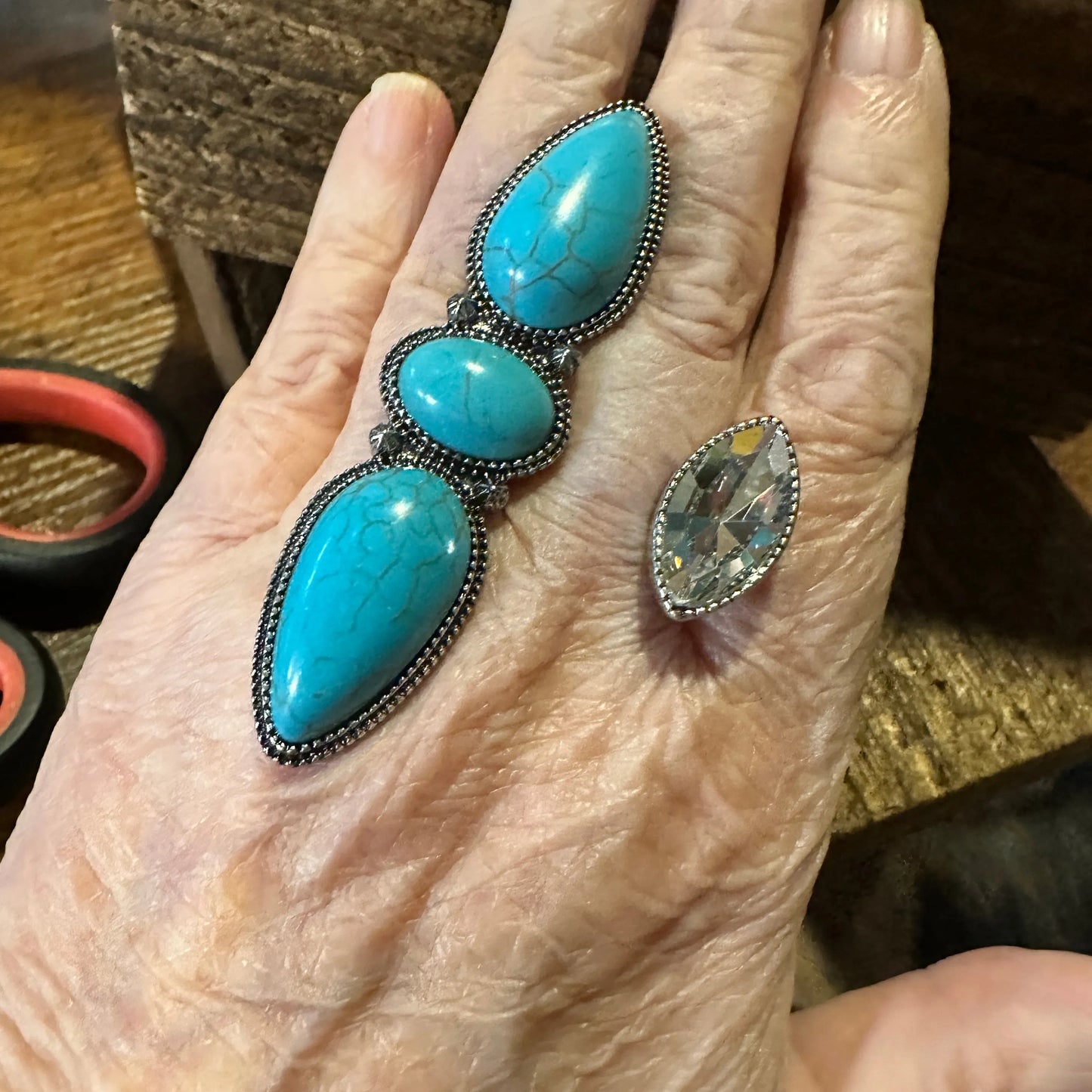 Western Boho Hippie Three Turquoise Stone w/ Rhinestone Crystal Knuckle Cuff Ring, Gift Box - Silver Elegant