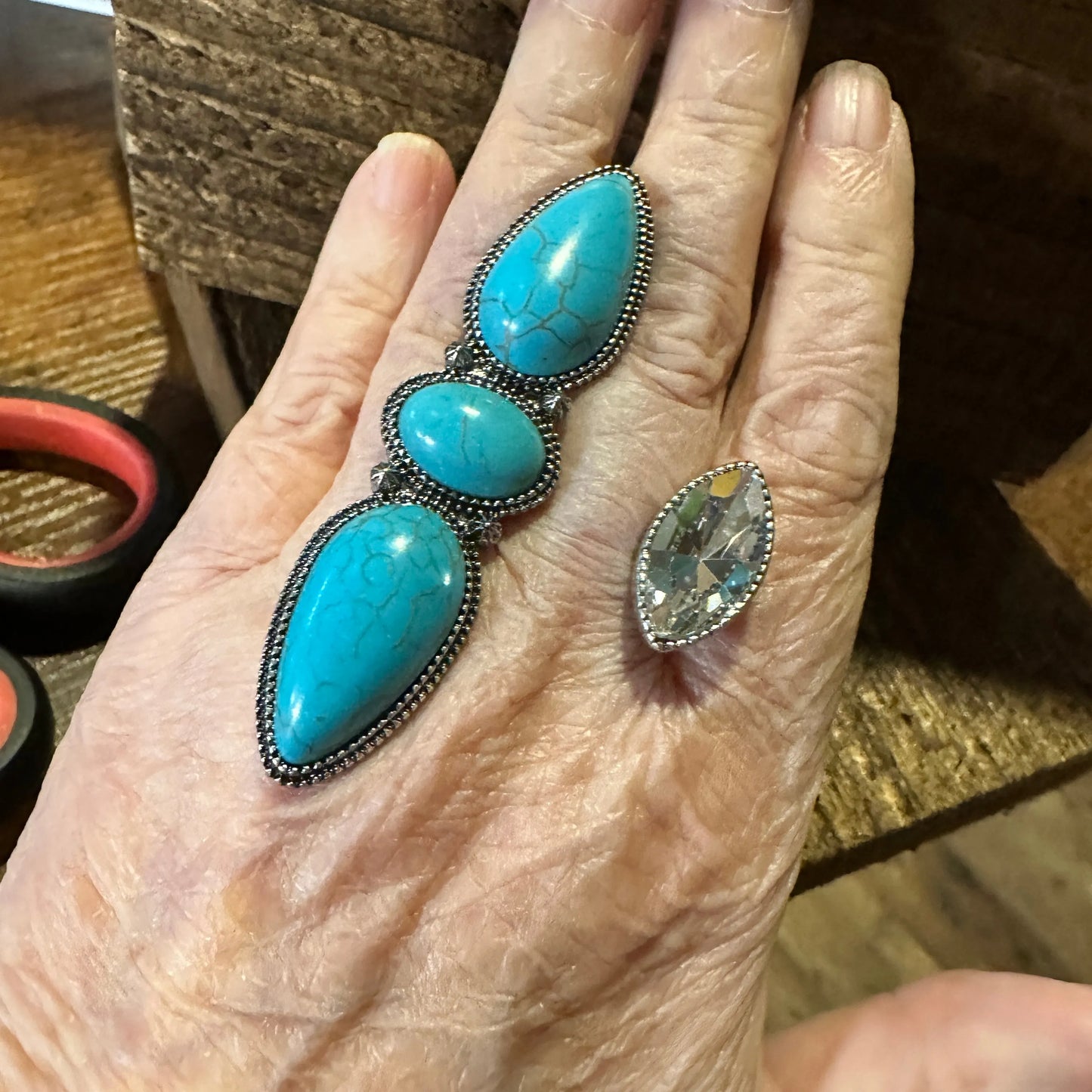 Western Boho Hippie Three Turquoise Stone w/ Rhinestone Crystal Knuckle Cuff Ring, Gift Box - Silver Elegant