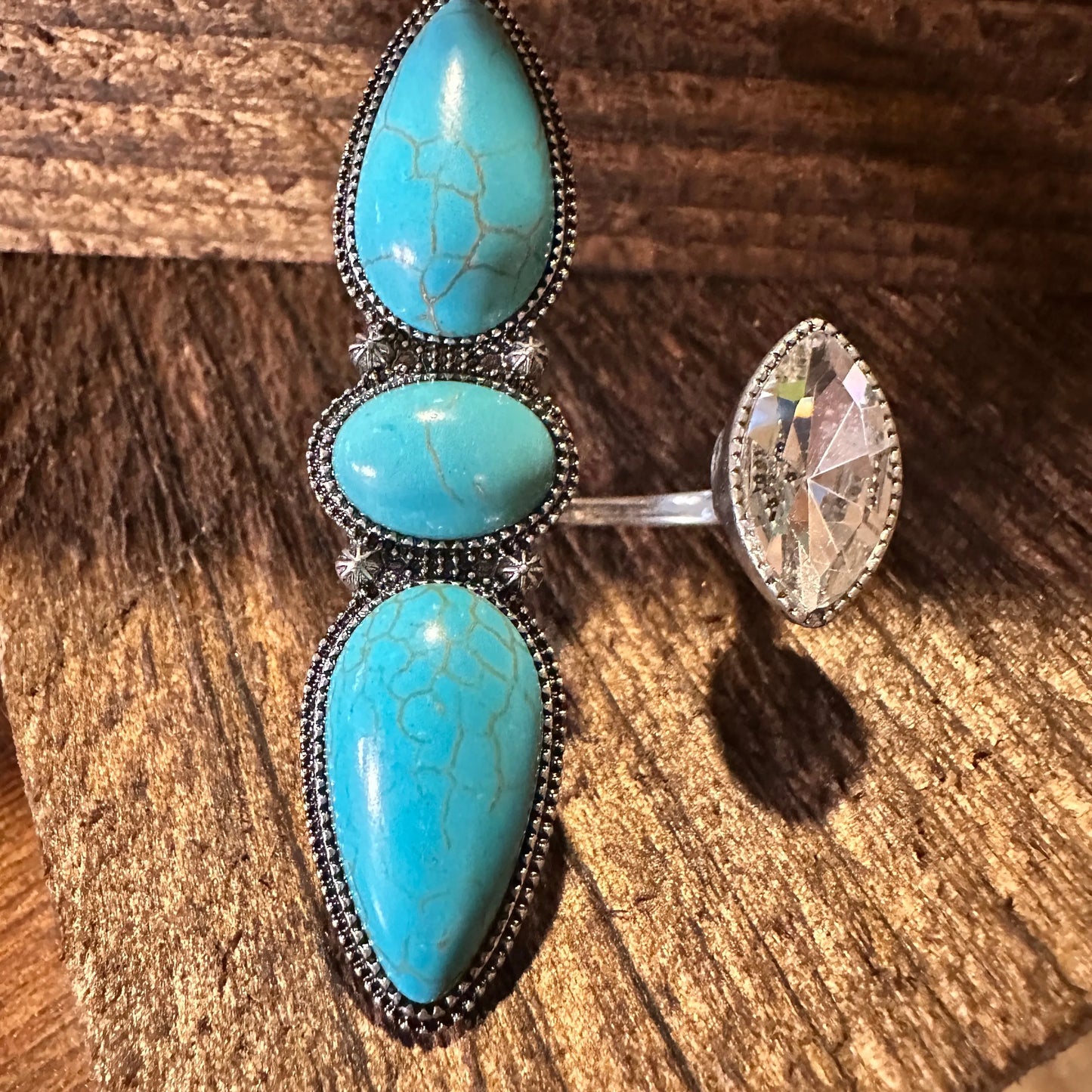 Western Boho Hippie Three Turquoise Stone w/ Rhinestone Crystal Knuckle Cuff Ring, Gift Box - Silver Elegant