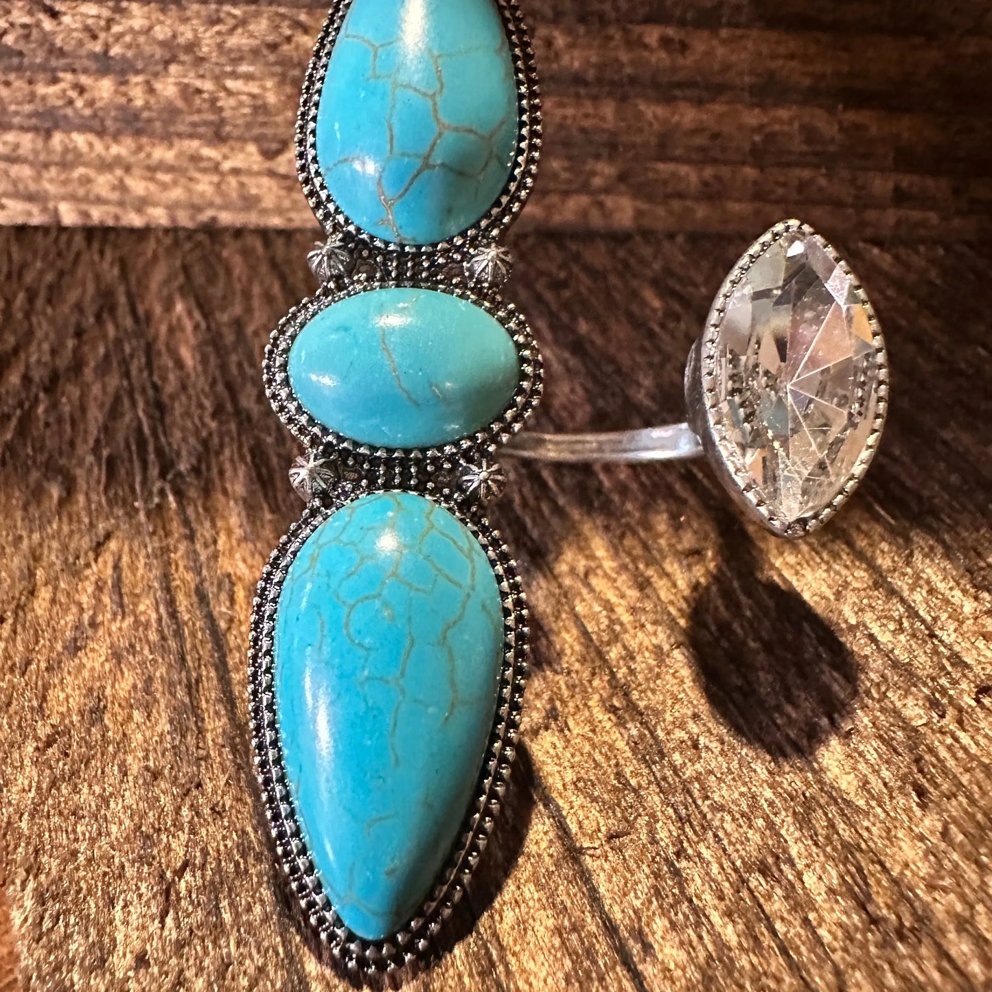Western Boho Hippie Three Turquoise Stone w/ Rhinestone Crystal Knuckle Cuff Ring, Gift Box - Silver Elegant