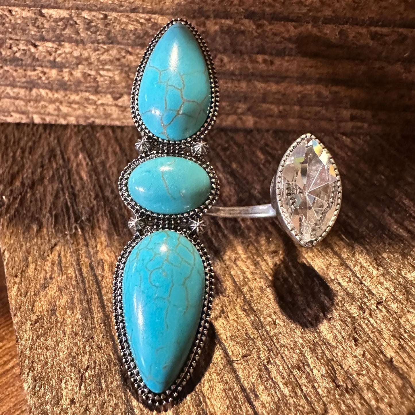 Western Boho Hippie Three Turquoise Stone w/ Rhinestone Crystal Knuckle Cuff Ring, Gift Box - Silver Elegant