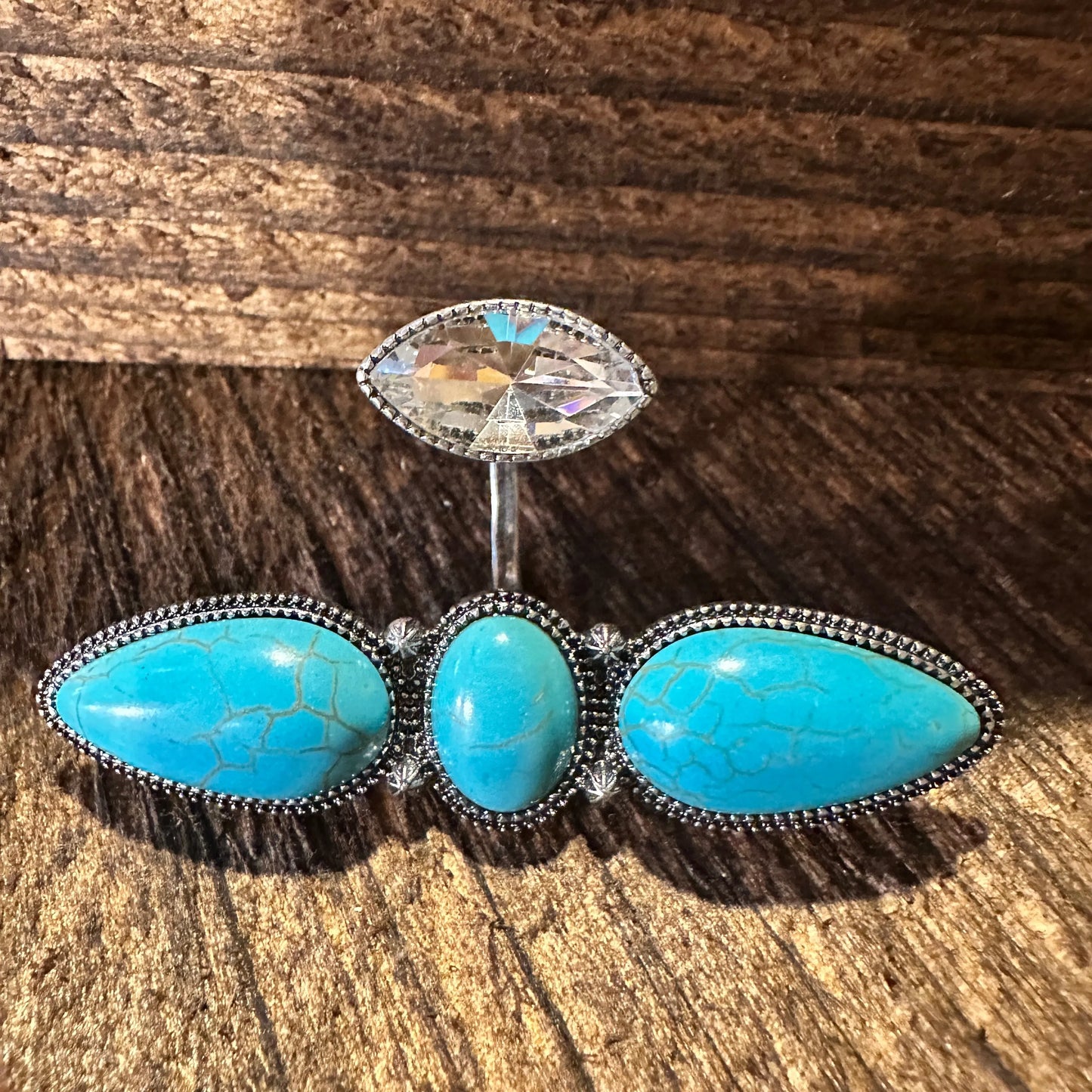 Western Boho Hippie Three Turquoise Stone w/ Rhinestone Crystal Knuckle Cuff Ring, Gift Box - Silver Elegant