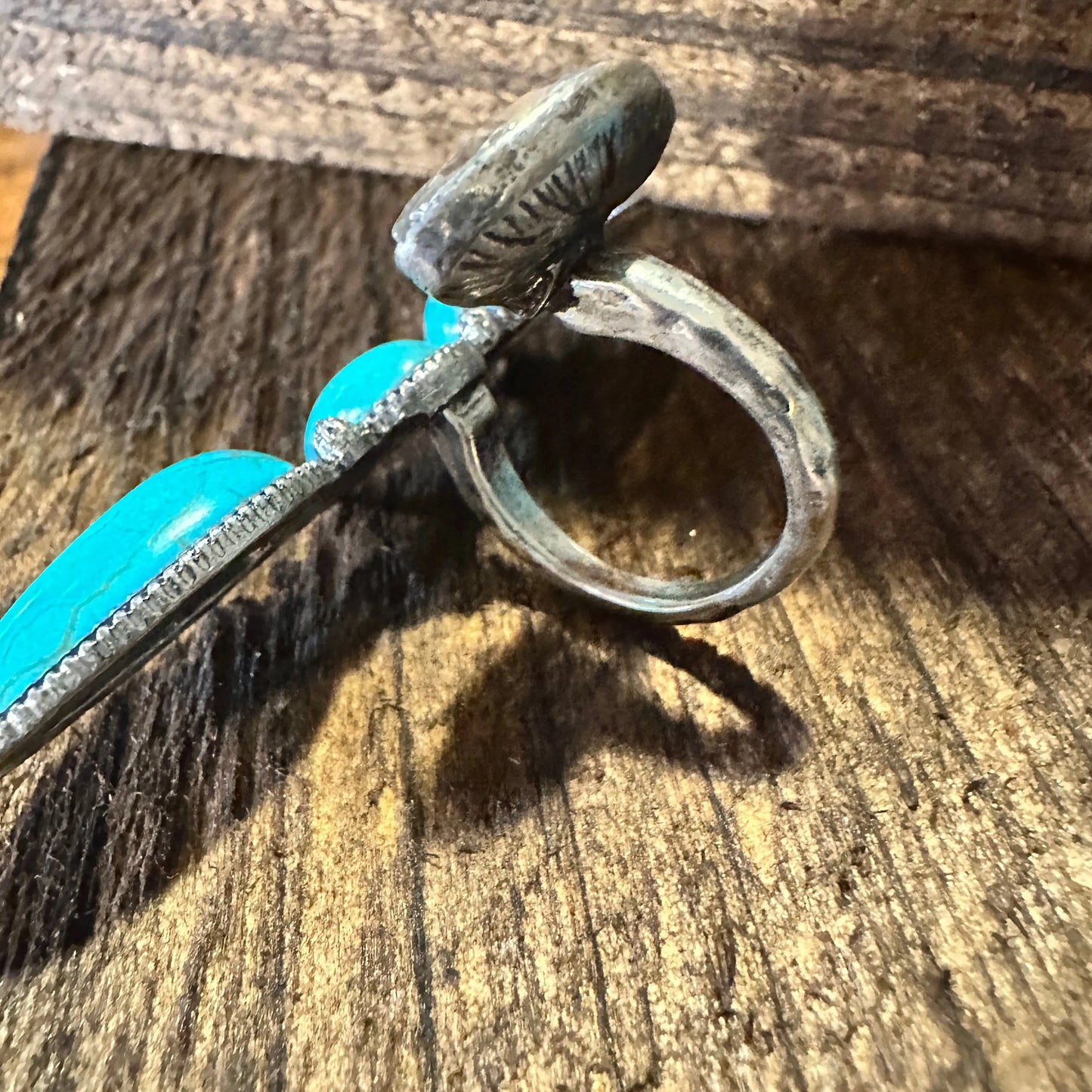 Western Boho Hippie Three Turquoise Stone w/ Rhinestone Crystal Knuckle Cuff Ring, Gift Box - Silver Elegant